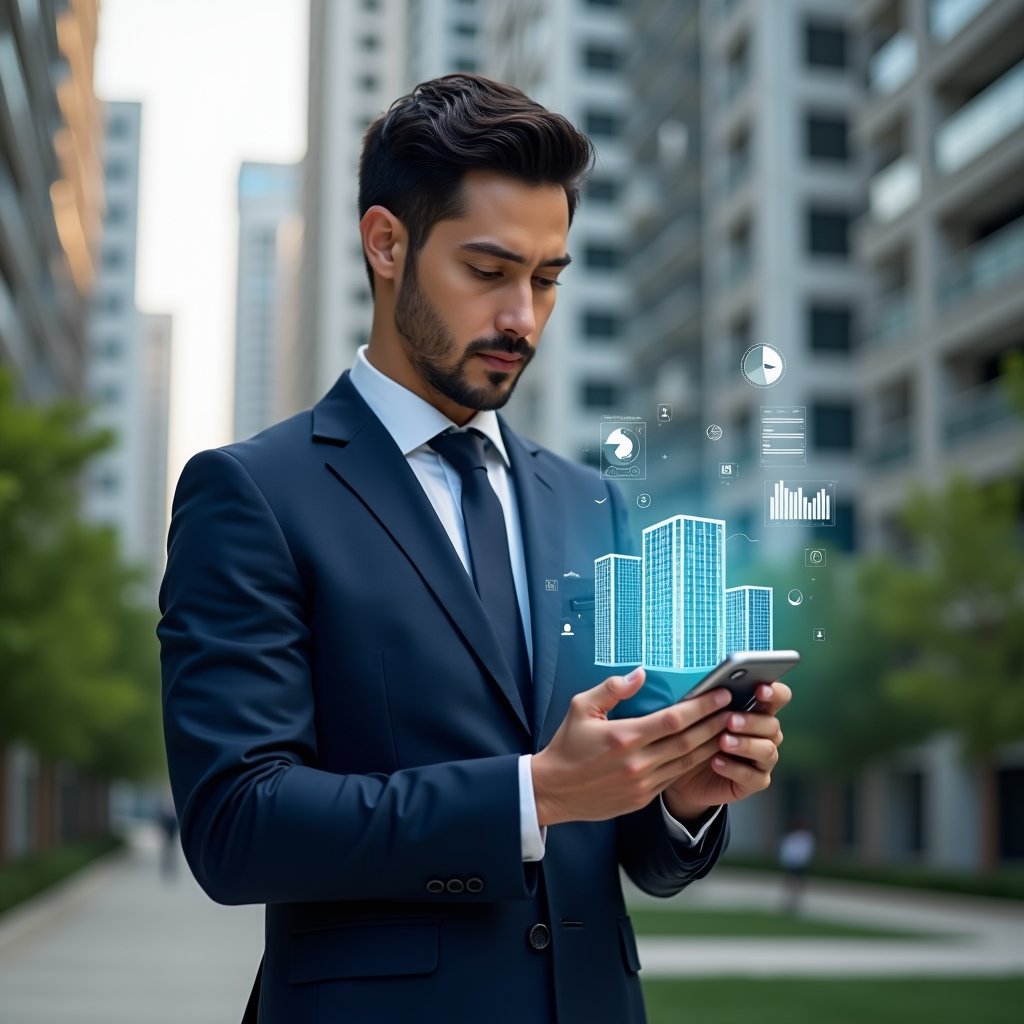 Ultra-realistic condominium manager in a navy blue tailored suit, set in a modern luxury condominium environment with high-rise buildings and lush green landscaping, interacting with a floating holographic mobile app interface displaying charts and building icons, confident and focused expression, cinematic lighting, shallow depth of field, highly detailed textures, realistic skin, photographic realism, 8k resolution --ar 1:1 --v 6