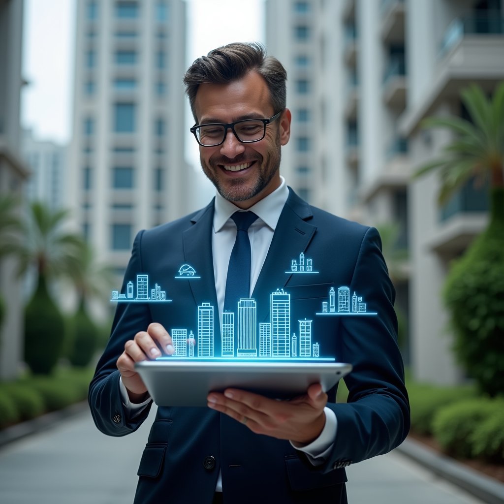 (Ultra-realistic condominium manager in a dark blue suit, set in a modern luxury condominium environment with high-rise buildings and green landscaping, holding a transparent tablet displaying a holographic dashboard of a management app, confidently analyzing the interface with a slight smile, floating icons of buildings and charts around, cinematic lighting, shallow depth of field, highly detailed textures, realistic skin, photographic realism, 8k resolution --ar 1:1 --v 6)