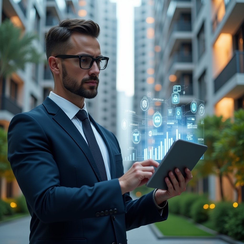 (Ultra-realistic condominium manager in a tailored navy suit, set in a modern luxury condominium environment with high-rise buildings and lush green landscaping, holding a tablet projecting a holographic interface of app icons and charts, confidently analyzing the aplicativo para condomínio selection process, holographic app icons floating around, cinematic lighting, shallow depth of field, highly detailed textures, realistic skin, photographic realism, 8k resolution --ar 1:1 --v 6)
