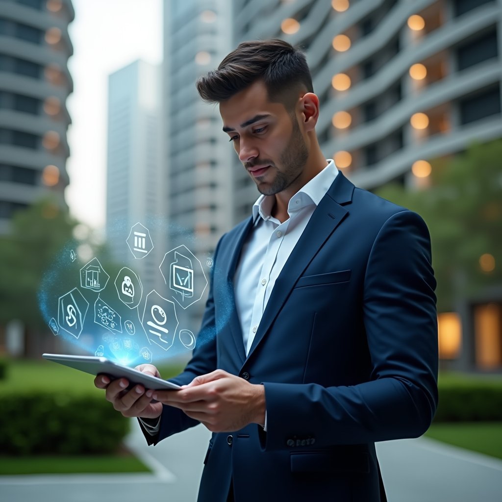 Ultra-realistic condominium manager in a navy blue suit, set in a modern luxury condominium environment with high-rise buildings and manicured green landscaping, examining a holographic app interface projected from a sleek tablet, floating icons for finances, communication and reservations surrounding them, confident and focused expression, cinematic lighting, shallow depth of field, highly detailed textures, realistic skin, photographic realism, 8k resolution --ar 1:1 --v 6