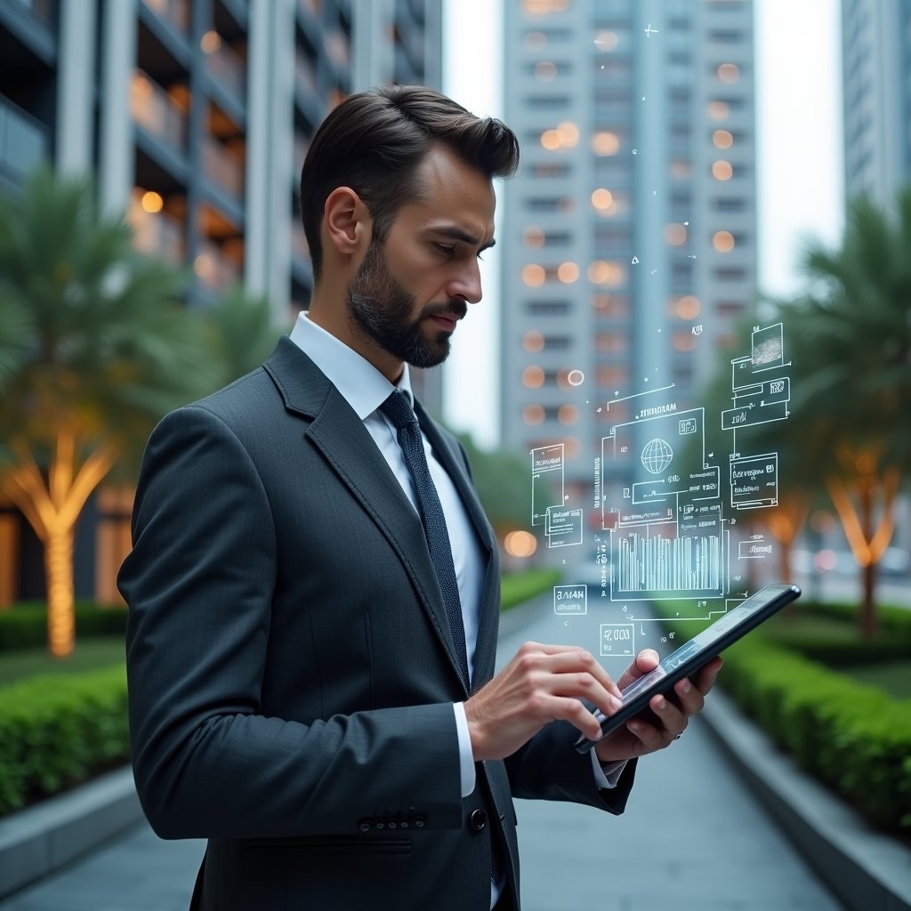 Ultra-realistic condominium manager in a dark gray executive suit, set in a modern luxury condominium environment with high-rise buildings and manicured green landscaping, holding a tablet and analyzing a holographic app interface displaying charts and communication icons, confident and focused expression, futuristic holographic UI elements floating around, cinematic lighting, shallow depth of field, highly detailed textures, realistic skin, photographic realism, 8k resolution --ar 1:1 --v 6