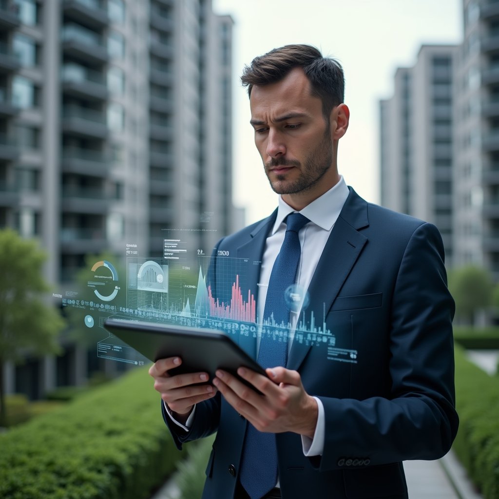 Ultra-realistic condominium manager in a navy executive suit, set in a modern luxury condominium environment with high-rise buildings and manicured green landscaping, holding a tablet displaying holographic app interface and analyzing digital charts, floating condo management icons around, confident and focused expression, cinematic lighting, shallow depth of field, highly detailed textures, realistic skin, photographic realism, 8k resolution --ar 1:1 --v 6