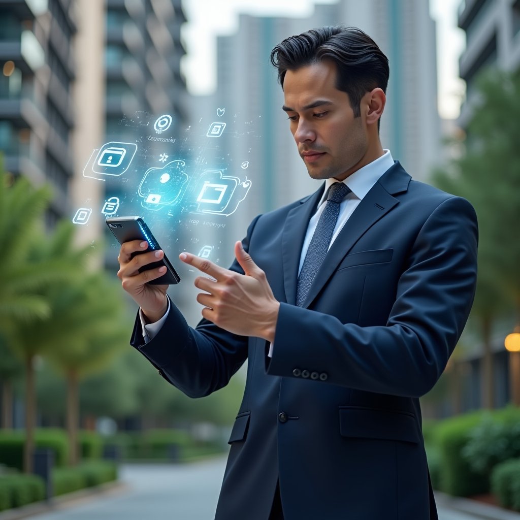 Ultra-realistic condominium manager in a sharp navy suit, set in a modern luxury condominium environment with high-rise buildings and lush green landscaping, examining a floating holographic smartphone interface displaying app icons, confidently pointing at a digital dashboard of a condo management application, futuristic hologram elements representing communication, organization, and security, cinematic lighting, shallow depth of field, highly detailed textures, realistic skin, photographic realism, 8k resolution --ar 1:1 --v 6