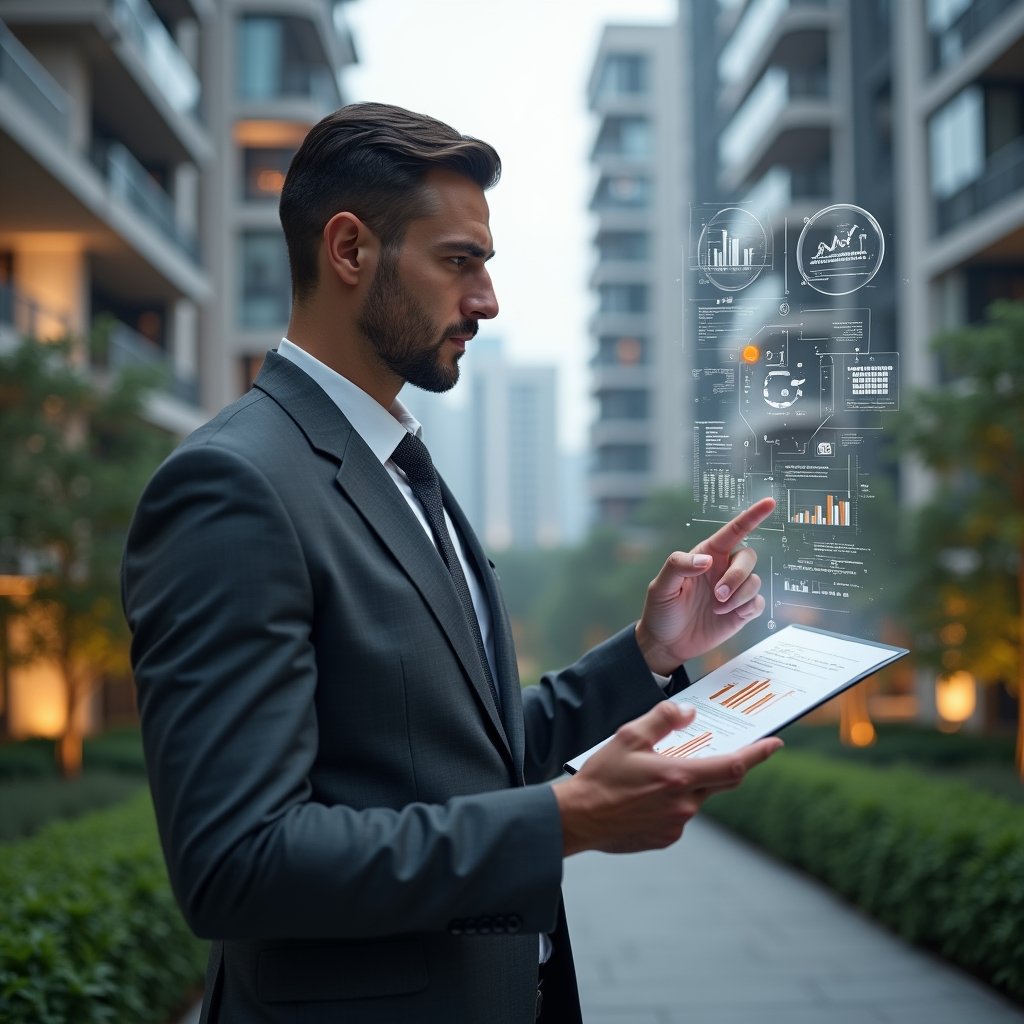 (Ultra-realistic condominium manager in a charcoal gray executive suit, set in a modern luxury condominium environment with high-rise buildings and meticulously landscaped gardens, reviewing a holographic financial report with a confident, focused expression while pointing at three highlighted errors floating in midair, symbolic translucent accounting icons and digital charts surrounding them, cinematic lighting, shallow depth of field, highly detailed textures, realistic skin, photographic realism, 8k resolution --ar 1:1 --v 6)