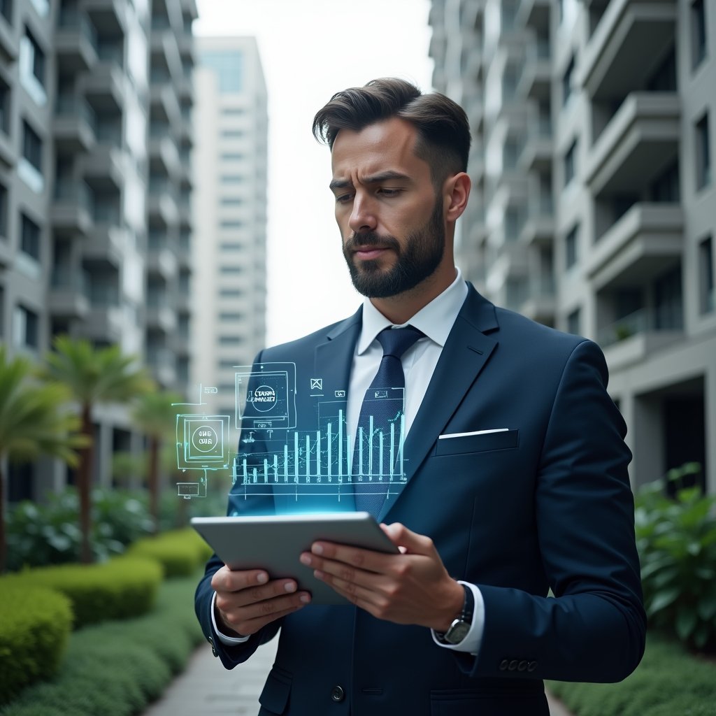 Ultra-realistic condominium manager in a navy suit, set in a modern luxury condominium environment with high-rise buildings and lush green landscaping, mid shot, holding a transparent tablet displaying floating holographic charts and magnifying-glass icons representing hidden costs, analyzing data with a thoughtful expression, cinematic lighting, shallow depth of field, highly detailed textures, realistic skin, photographic realism, 8k resolution --ar 1:1 --v 6