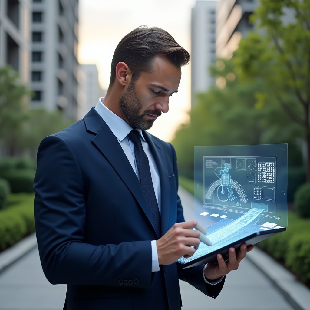 Ultra-realistic condominium manager in a navy blue suit, set in a modern luxury condominium environment with high-rise buildings and lush green landscaping, confidently examining a holographic ramp accessibility blueprint on a tablet, with a floating wheelchair icon and tactile paving symbol beside him, cinematic lighting, shallow depth of field, highly detailed textures, realistic skin, photographic realism, 8k resolution --ar 1:1 --v 6