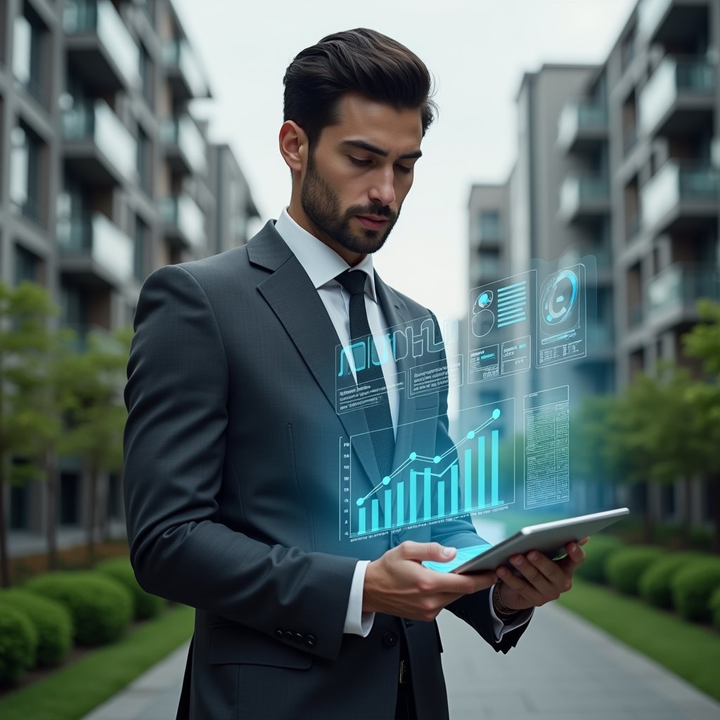 (Ultra-realistic condominium manager in a charcoal gray tailored suit, set in a modern luxury condominium environment with high-rise buildings and manicured green landscaping, reviewing a holographic financial report projected above a tablet with graphs and charts, confident and focused expression, symbolic transparent ledger icons floating nearby, cinematic lighting, shallow depth of field, highly detailed textures, realistic skin, photographic realism, 8k resolution --ar 1:1 --v 6)