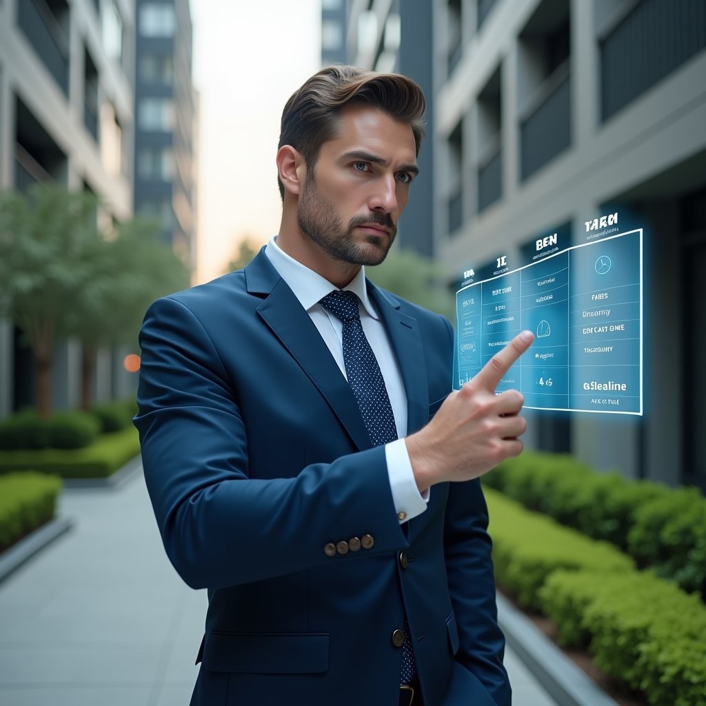 (Ultra-realistic condominium manager in a navy blue executive suit, set in a modern luxury condominium environment with high-rise buildings and manicured green landscaping, interacting with a floating holographic timeline and calendar icons representing tasks and deadlines, confident and focused expression, cinematic lighting, shallow depth of field, highly detailed textures, realistic skin, photographic realism, 8k resolution --ar 1:1 --v 6)