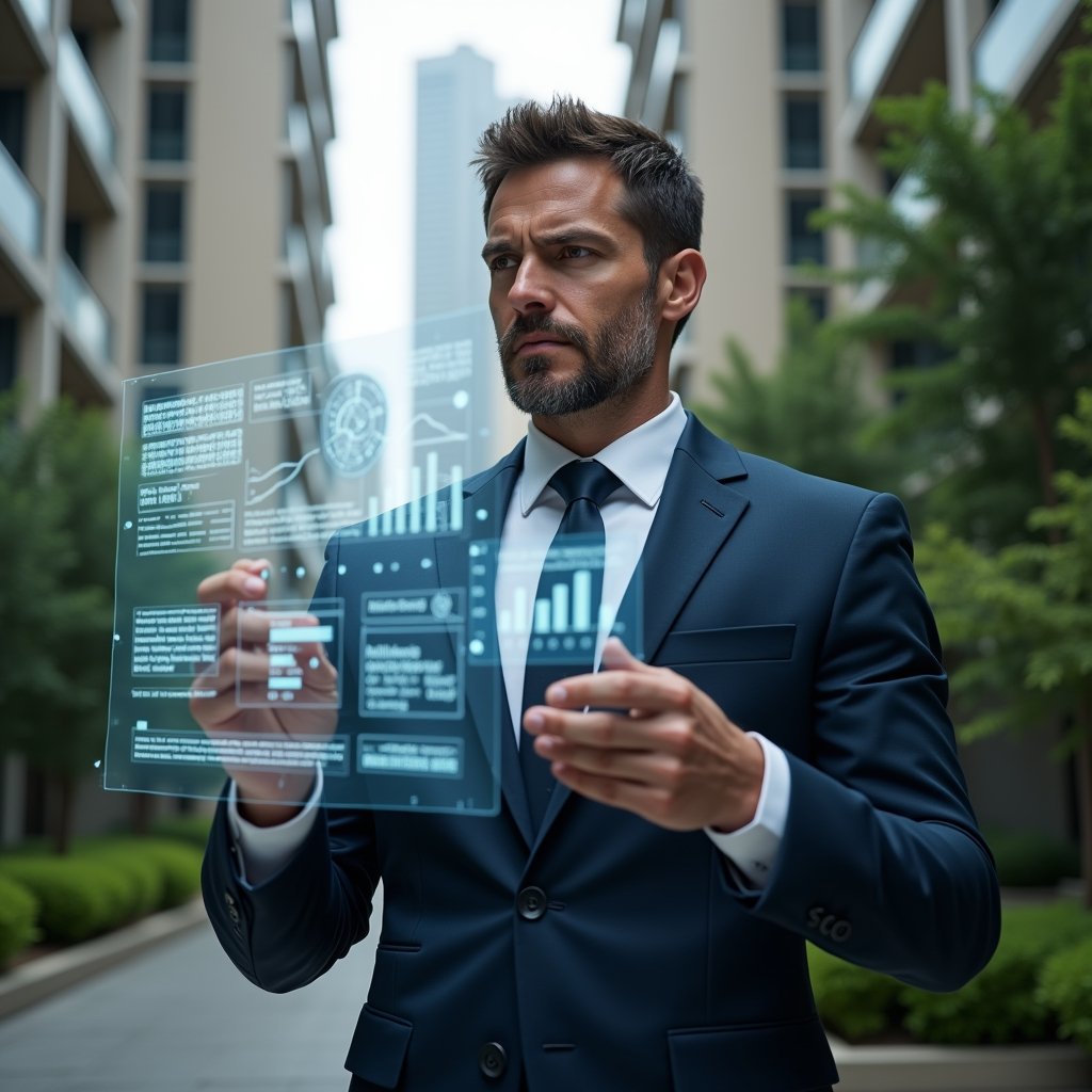 (Ultra-realistic condominium manager in a tailored navy suit, set in a modern luxury condominium environment with high-rise buildings and lush green landscaping, analyzing holographic transparent financial charts floating before them, translucent spreadsheet icons and budget graphs orbiting around, confident and focused expression, cinematic lighting, shallow depth of field, highly detailed textures, realistic skin, photographic realism, 8k resolution --ar 1:1 --v 6)