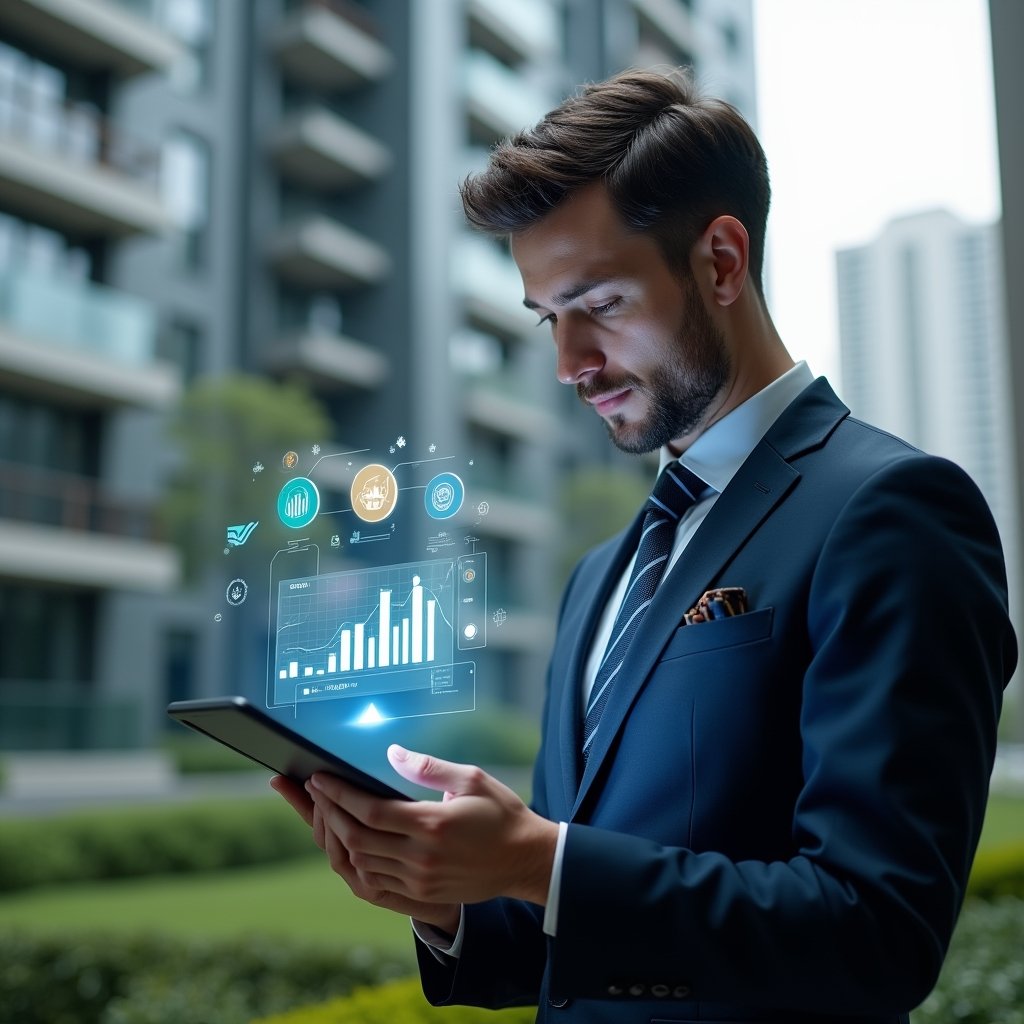 Ultra-realistic condominium manager in a dark blue suit, set in a modern luxury condominium environment with high-rise buildings and green landscaping, holding a digital tablet displaying holographic budget charts and currency symbols, thoughtfully analyzing financial data, floating icons of coins and graphs around the tablet, cinematic lighting, shallow depth of field, highly detailed textures, realistic skin, photographic realism, 8k resolution --ar 1:1 --v 6