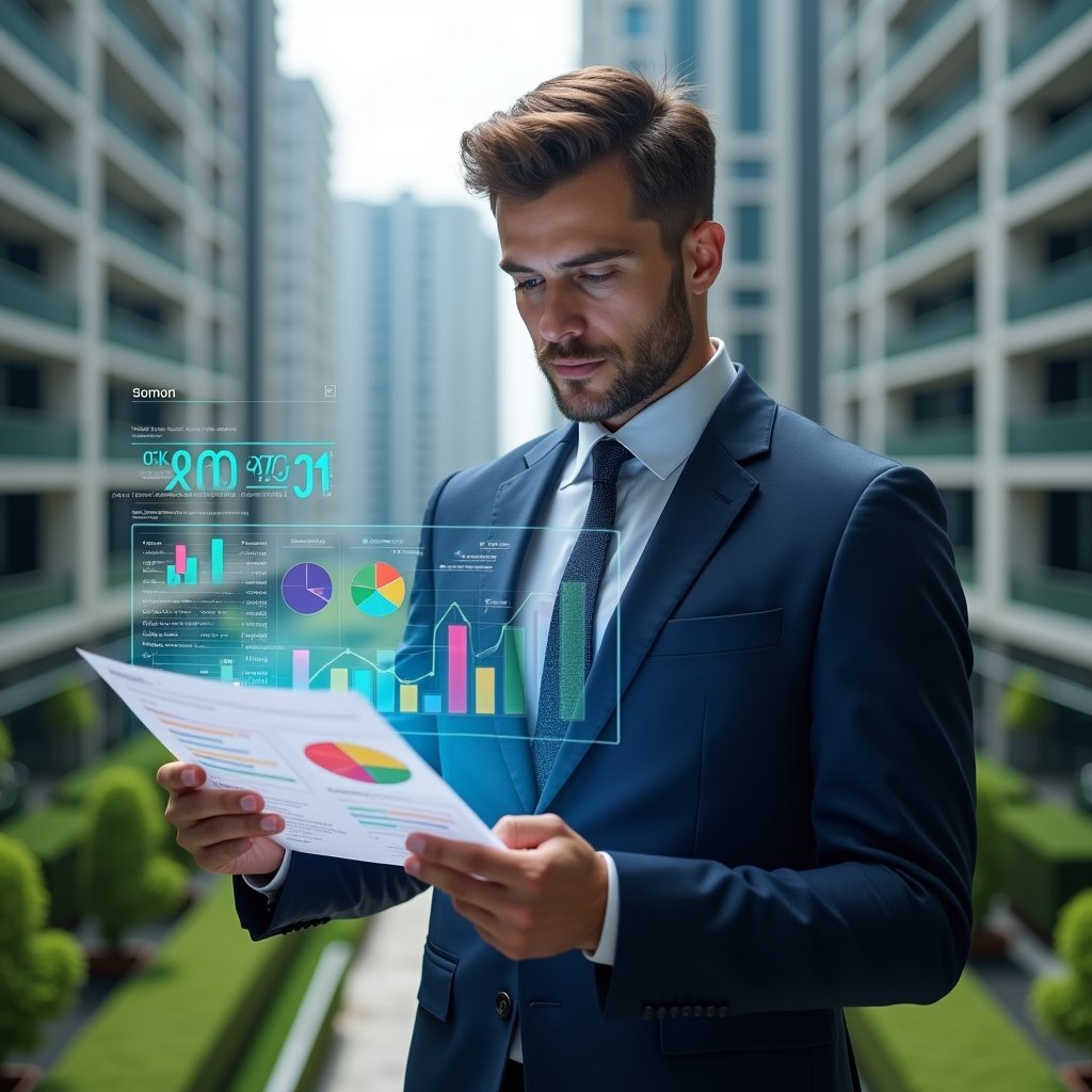 Ultra-realistic condominium manager in a navy blue suit, set in a modern luxury condominium environment with high-rise buildings and lush green landscaping, holding a transparent holographic spreadsheet with colorful charts and numbers, scrutinizing financial data with a confident expression, holographic pie chart and line graph icons floating around, cinematic lighting, shallow depth of field, highly detailed textures, realistic skin, photographic realism, 8k resolution --ar 1:1 --v 6