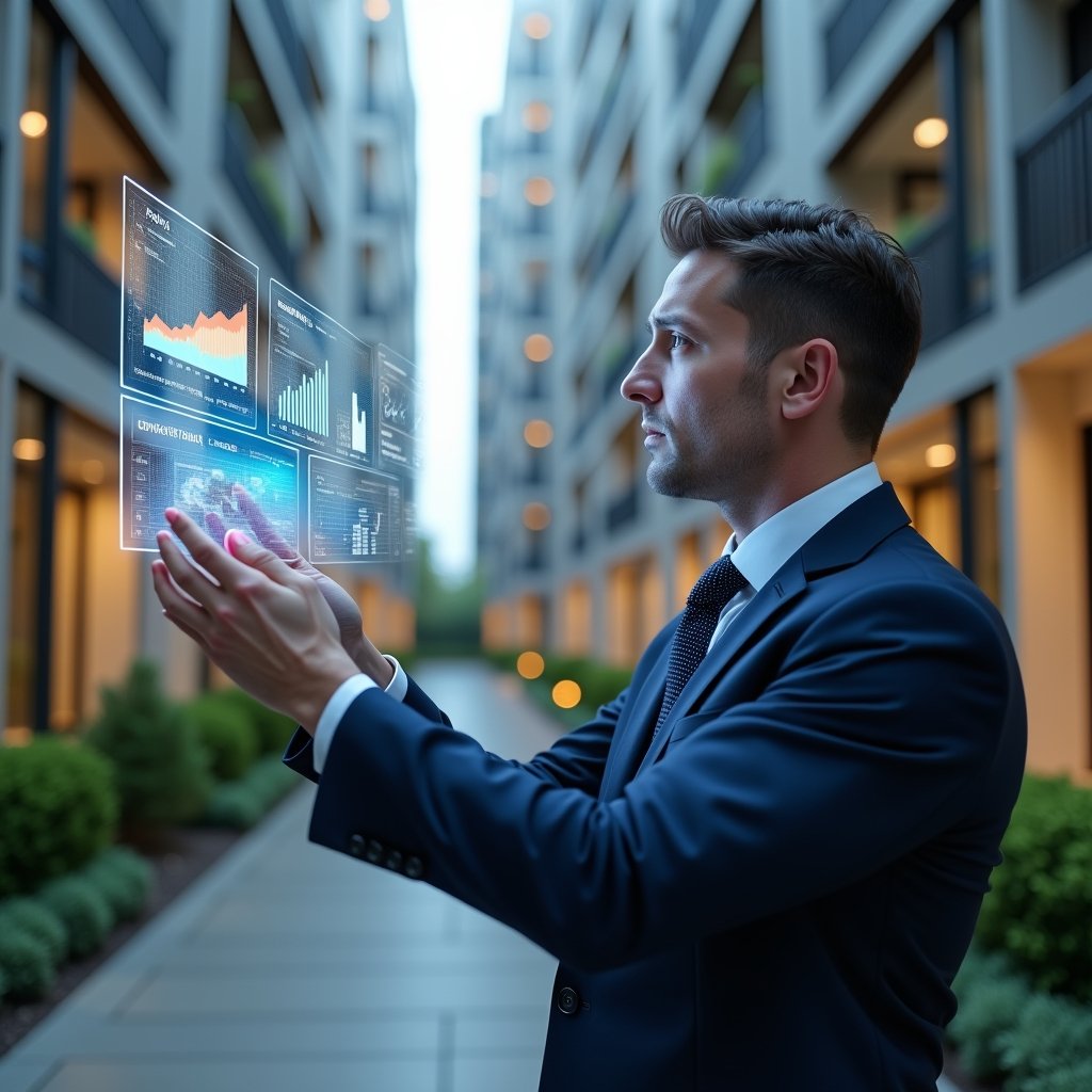 (Ultra-realistic condominium manager in a tailored navy suit, set in a modern luxury condominium environment with high-rise buildings and manicured gardens, confidently analyzing a floating holographic dashboard of real-time reports and analytics, with glowing charts and graphs symbolizing data-driven decision making, cinematic lighting, shallow depth of field, highly detailed textures, realistic skin, photographic realism, 8k resolution --ar 1:1 --v 6)