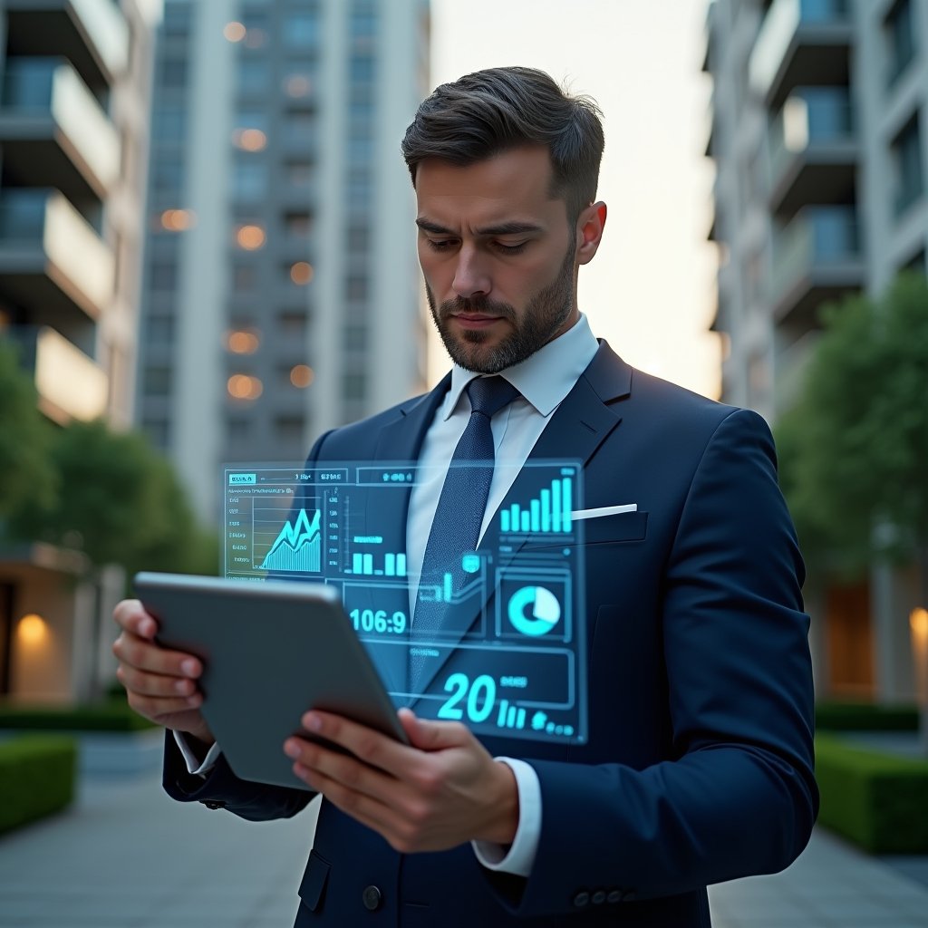 (Ultra-realistic condominium property manager in a navy suit, set in a modern luxury condominium environment with high-rise buildings and manicured greenery, holding a digital tablet displaying holographic financial charts, analyzing data with a confident expression, floating LED icons of graphs and currency symbols around, cinematic lighting, shallow depth of field, highly detailed textures, realistic skin, photographic realism, 8k resolution --ar 1:1 --v 6)