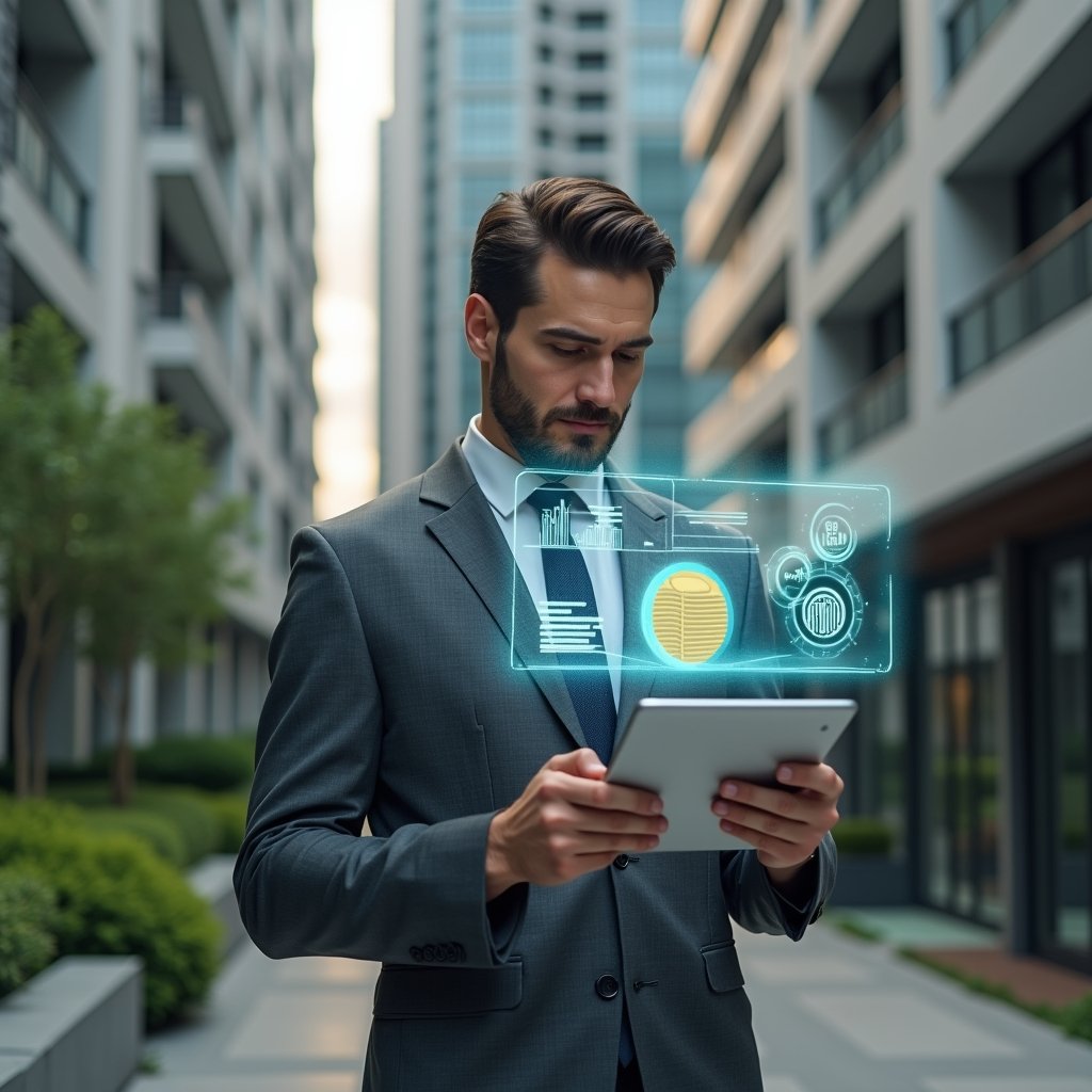(Ultra-realistic professional condominium manager in a charcoal gray executive suit, set in a modern luxury condominium environment with high-rise buildings and manicured green landscaping, mid-shot holding a tablet displaying holographic financial charts and approval icons, thoughtful and confident expression as they analyze digital expense reports, floating pie-chart and coin holograms symbolizing streamlined cost allocation, cinematic lighting, shallow depth of field, highly detailed textures, realistic skin, photographic realism, 8k resolution --ar 1:1 --v 6)