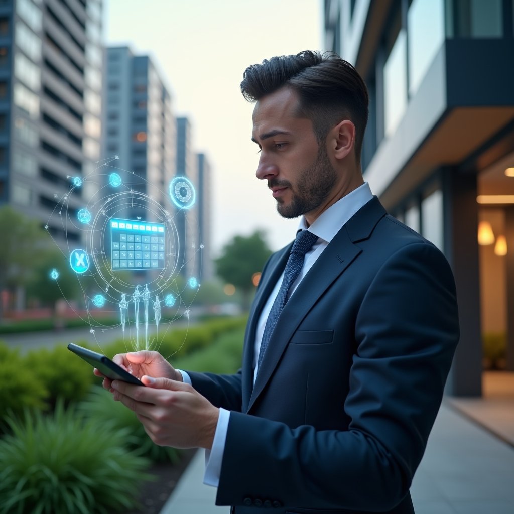 (Ultra-realistic condominium manager in a tailored navy suit, set in a modern luxury condominium environment with high-rise buildings and manicured greenery, mid shot of a confident professional analyzing a holographic schedule projected from a tablet, floating calendar and gear icons symbolizing task planning, cinematic lighting, shallow depth of field, highly detailed textures, realistic skin, photographic realism, 8k resolution --ar 1:1 --v 6)