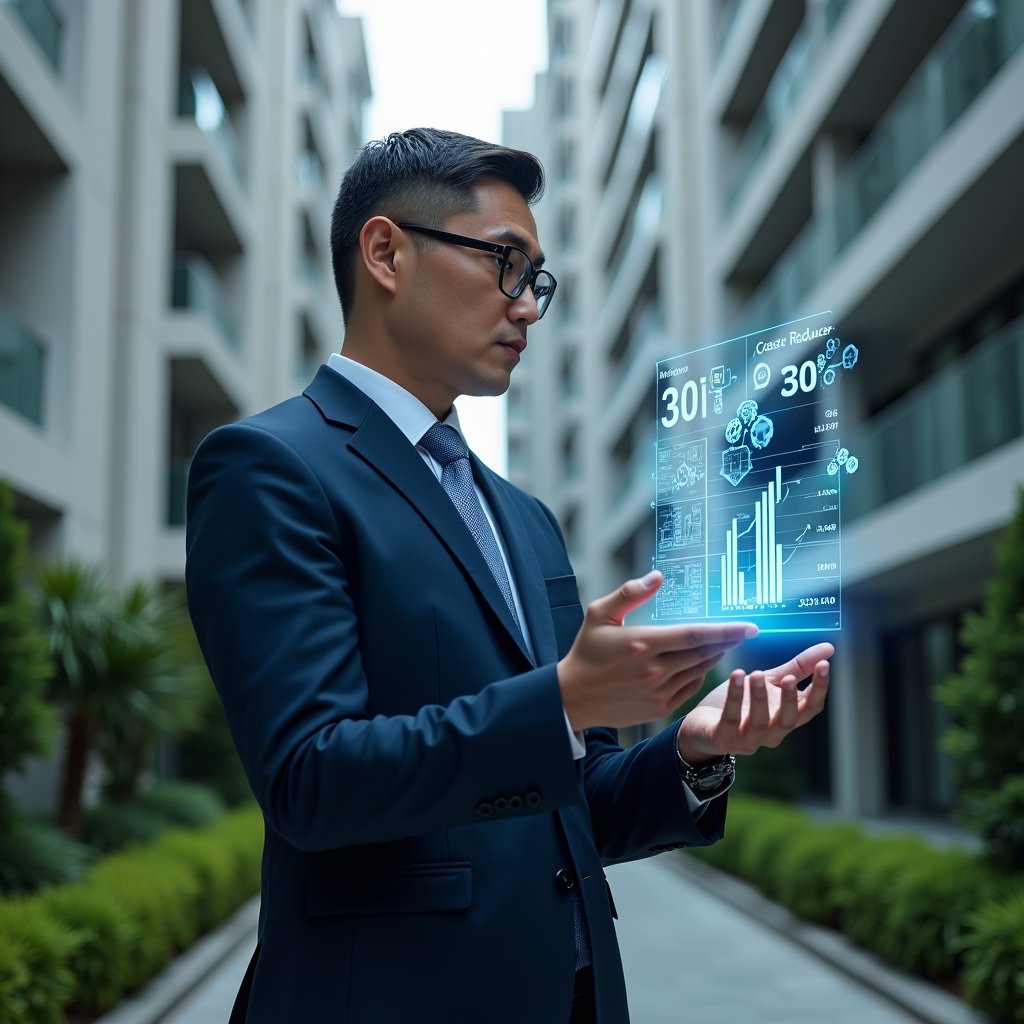 (Ultra-realistic condominium manager in a dark blue suit, set in a modern luxury condominium environment with high-rise buildings and manicured green landscaping, examining a floating holographic financial dashboard showing a 30% cost reduction chart, confident and focused expression, subtle holographic icons of gears and currency symbols surrounding them, cinematic lighting, shallow depth of field, highly detailed textures, realistic skin, photographic realism, 8k resolution --ar 1:1 --v 6)