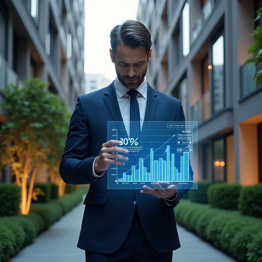 (Ultra-realistic condominium manager in a dark blue tailored suit, set in a modern luxury condominium environment with high-rise buildings and manicured green landscaping, holding and examining a holographic financial chart showing a 30% reduction, projecting a glowing budget timeline calendar, cinematic lighting, shallow depth of field, highly detailed textures, realistic skin, photographic realism, 8k resolution --ar 1:1 --v 6)
