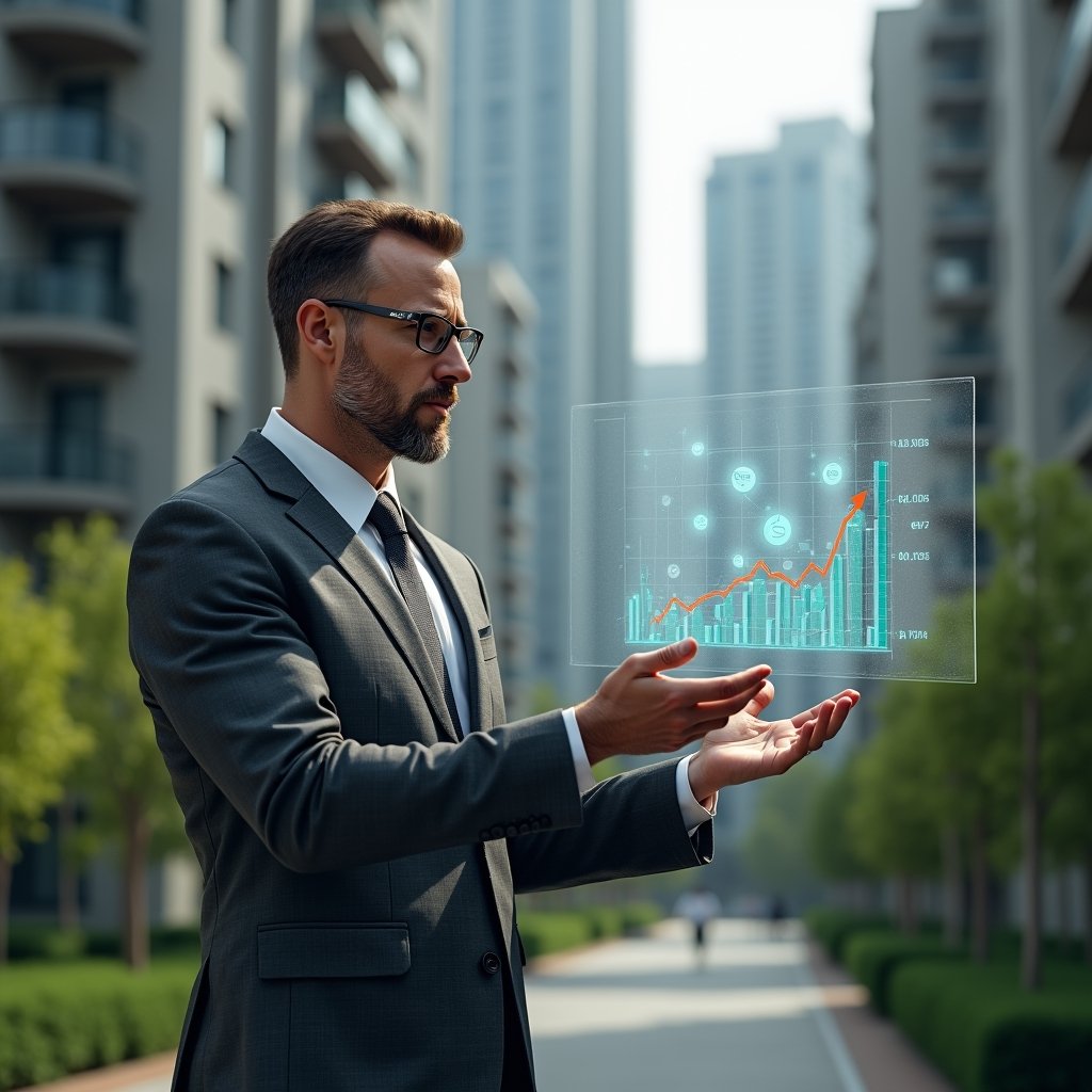 (Ultra-realistic condominium manager in a charcoal gray suit, set in a modern luxury condominium environment with high-rise buildings and lush green landscaping, holding and analyzing a floating holographic budget chart with icons of coins and gears, confidently reviewing cost-reduction strategies, cinematic lighting, shallow depth of field, highly detailed textures, realistic skin, photographic realism, 8k resolution --ar 1:1 --v 6)