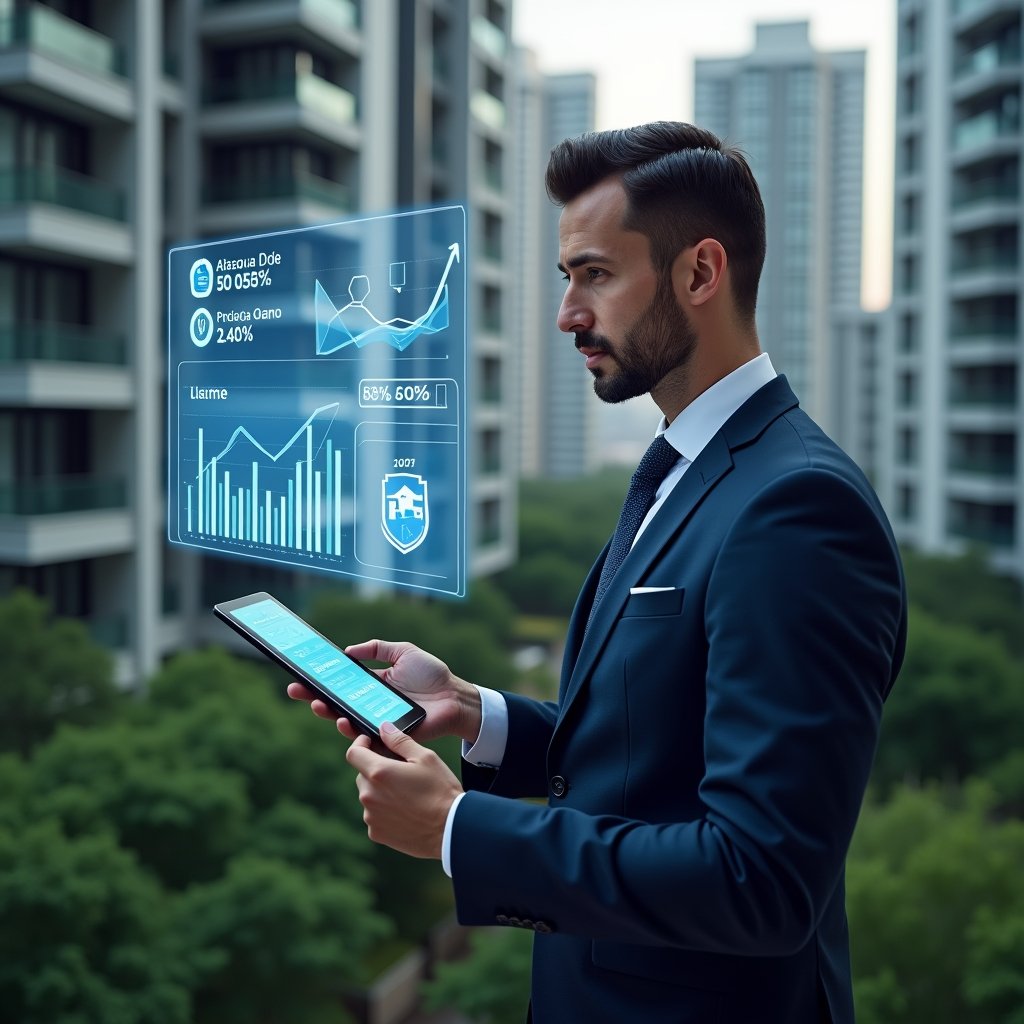 Ultra-realistic condominium manager in a dark blue executive suit, set in a modern luxury condominium environment with high-rise buildings and lush green landscaping, analyzing a holographic financial dashboard showing cost-saving graphs and a 30% reduction icon, holding a sleek tablet displaying an aplicativo para condomínio interface, confident and focused expression, cinematic lighting, shallow depth of field, highly detailed textures, realistic skin, photographic realism, 8k resolution --ar 1:1 --v 6