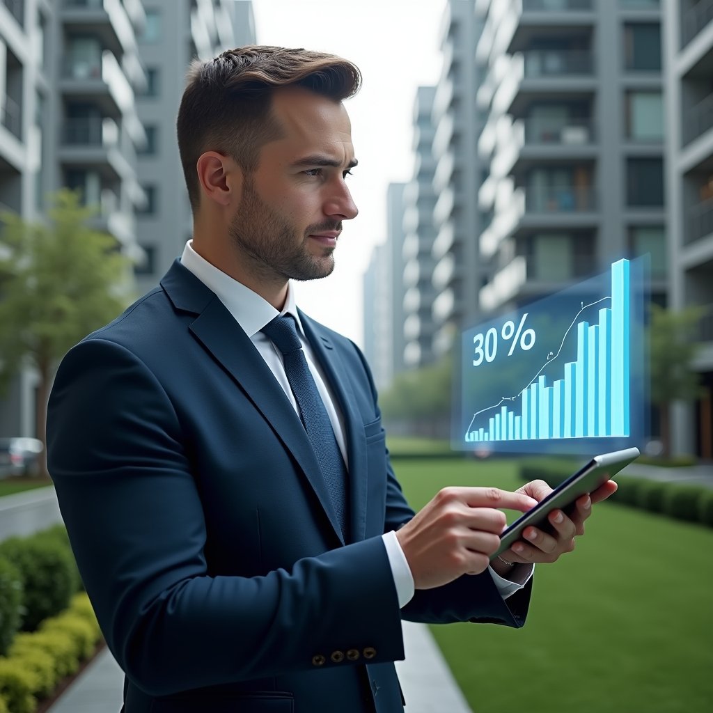 Ultra-realistic property manager in a tailored navy suit, set in a modern luxury condominium environment with high-rise buildings and manicured green landscaping, confidently reviewing a holographic 30% cost-reduction bar graph projected from a sleek tablet, thoughtful expression, cinematic lighting, shallow depth of field, highly detailed textures, realistic skin, photographic realism, 8k resolution --ar 1:1 --v 6