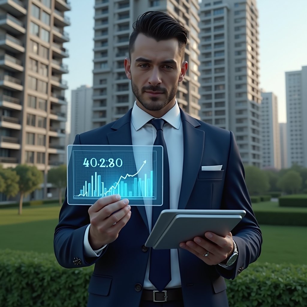 (Ultra-realistic condominium manager in a tailored navy suit, set in a modern luxury condominium environment with high-rise buildings and well-manicured green landscaping, examining a holographic financial dashboard showing a 30% cost-reduction chart, holding a digital tablet displaying an aplicativo para condomínio interface, confident expression, cinematic lighting, shallow depth of field, highly detailed textures, realistic skin, photographic realism, 8k resolution --ar 1:1 --v 6)