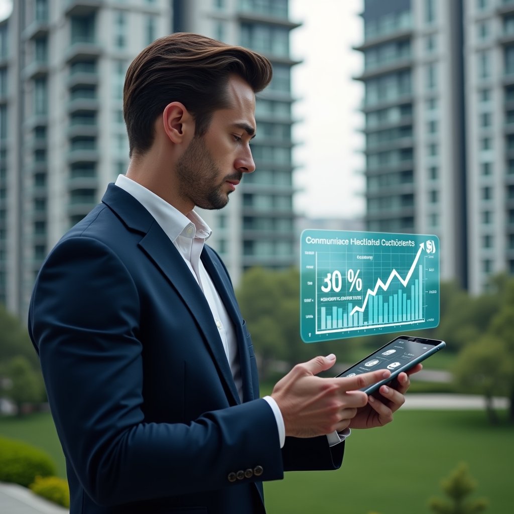 (Ultra-realistic condominium manager in a tailored navy suit, set in a modern luxury condominium environment with high-rise buildings and manicured green landscaping, confidently examining a holographic financial chart showing a 30% cost reduction, holding a sleek tablet displaying cost-saving icons and contract negotiation symbols, cinematic lighting, shallow depth of field, highly detailed textures, realistic skin, photographic realism, 8k resolution --ar 1:1 --v 6)