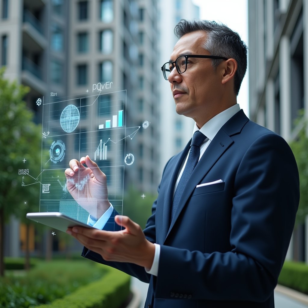 Ultra-realistic condominium manager in a navy executive suit, set in a modern luxury condominium environment with high-rise buildings and manicured green landscaping, reviewing a floating holographic financial report with automated charts and graphs, confident expression as they tap data points in mid-air, symbolizing streamlined monthly accounting, cinematic lighting, shallow depth of field, highly detailed textures, realistic skin, photographic realism, 8k resolution --ar 1:1 --v 6