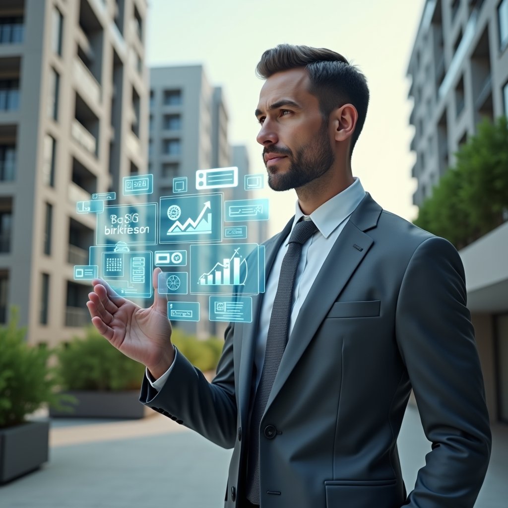 Ultra-realistic condo manager in a tailored gray suit, set in a modern luxury condominium environment with high-rise buildings and manicured greenery, confidently interacting with a floating holographic dashboard displaying chat bubbles, financial graphs, and calendar icons, cinematic lighting, shallow depth of field, highly detailed textures, realistic skin, photographic realism, 8k resolution --ar 1:1 --v 6