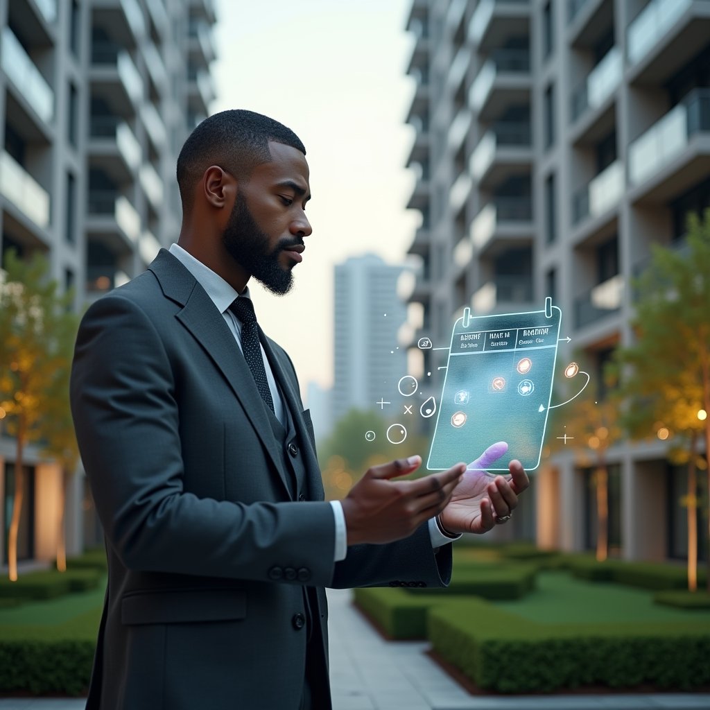 (Ultra-realistic condominium manager in a charcoal gray suit, set in a modern luxury condominium environment with high-rise buildings and manicured green landscaping, reviewing a holographic maintenance schedule calendar with floating icons of tools and checkmarks, displaying a confident, analytical expression, cinematic lighting, shallow depth of field, highly detailed textures, realistic skin, photographic realism, 8k resolution --ar 1:1 --v 6)