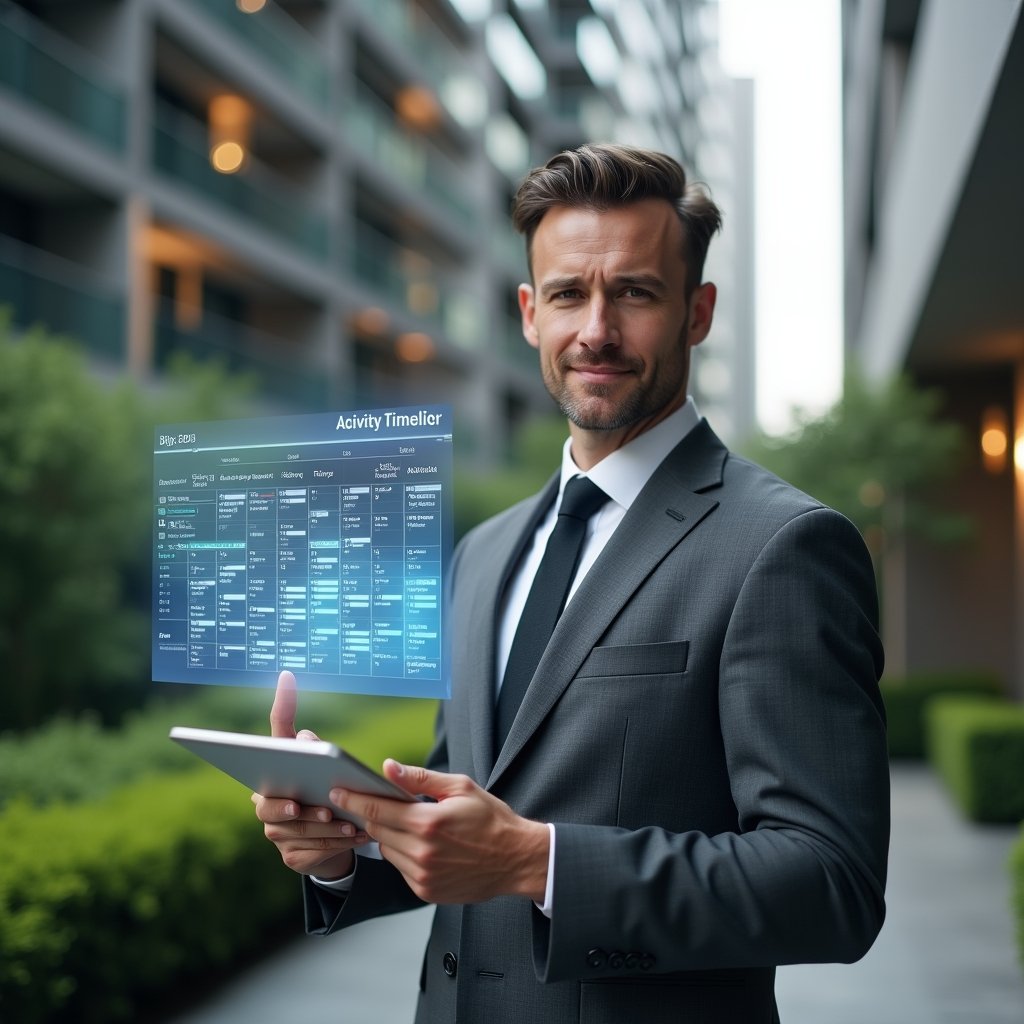 (Ultra-realistic condominium manager in a charcoal gray tailored suit, set in a modern luxury condominium environment with high-rise buildings and manicured green landscaping, holding a tablet displaying a holographic activity schedule and pointing at a floating calendar grid, a semi-transparent timeline hologram hovering beside them, confident and focused expression, cinematic lighting, shallow depth of field, highly detailed textures, realistic skin, photographic realism, 8k resolution --ar 1:1 --v 6)