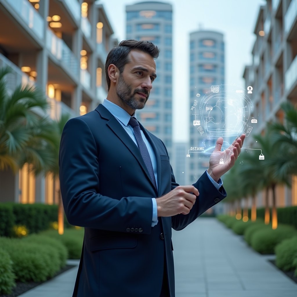 Ultra-realistic condominium manager in a navy blue executive suit, set in a modern luxury condominium environment with high-rise buildings and manicured green landscaping, confidently interacting with floating holographic icons for communication, finance and security, cinematic lighting, shallow depth of field, highly detailed textures, realistic skin, photographic realism, 8k resolution --ar 1:1 --v 6