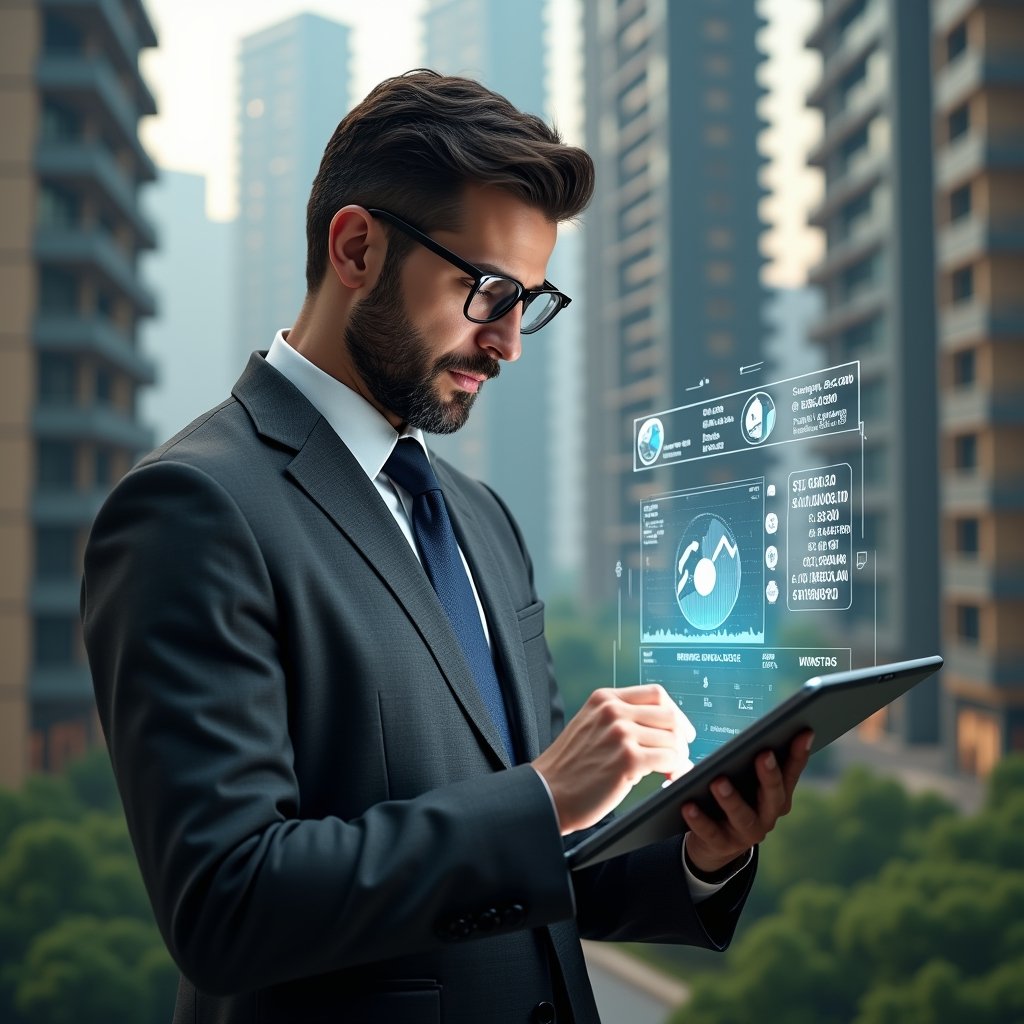 (Ultra-realistic condominium manager in a charcoal gray suit, set in a modern luxury condominium environment with high-rise buildings and pristine landscaping, reviewing holographic financial charts and a digital ledger projected above a tablet, confident and focused expression, symbolic glowing pie chart and coin icons floating beside, cinematic lighting, shallow depth of field, highly detailed textures, realistic skin, photographic realism, 8k resolution --ar 1:1 --v 6)
