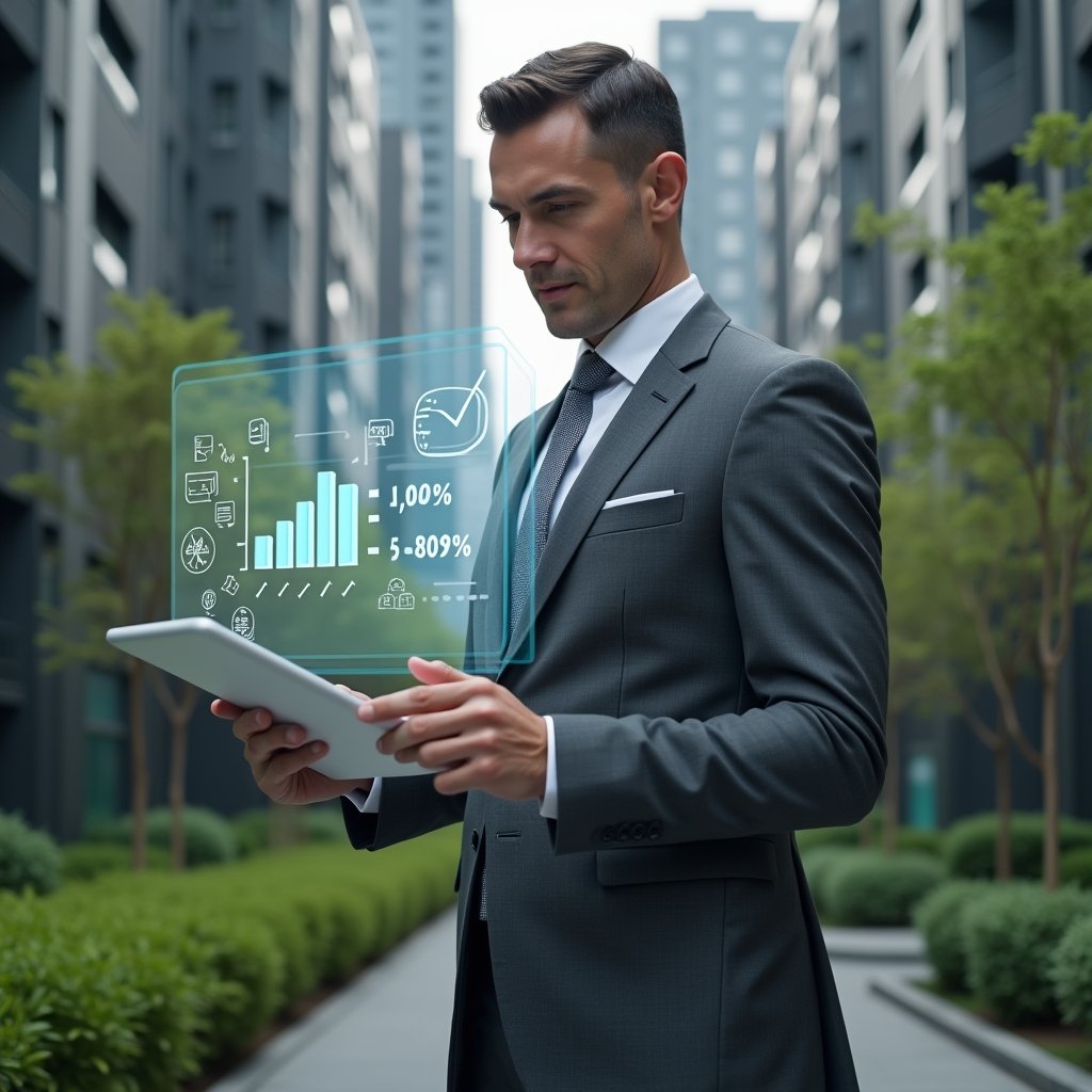 (Ultra-realistic condominium manager in a charcoal gray suit, set in a modern luxury condominium environment with high-rise buildings and meticulously manicured green landscaping, mid-shot of a focused professional reviewing a floating holographic financial chart and checklist icons above a sleek tablet, symbols of budgets and approval stamps subtly integrated, confident expression, cinematic lighting, shallow depth of field, highly detailed textures, realistic skin, photographic realism, 8k resolution --ar 1:1 --v 6)