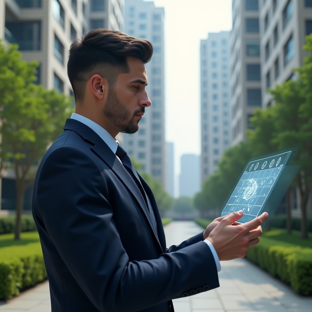 (Ultra-realistic condominium manager in a tailored navy suit, set in a modern luxury condominium environment with high-rise buildings and meticulously manicured greenery, examining a floating holographic schedule with calendar icons and checkmarks, confident and focused expression, cinematic lighting, shallow depth of field, highly detailed textures, realistic skin, photographic realism, 8k resolution --ar 1:1 --v 6)