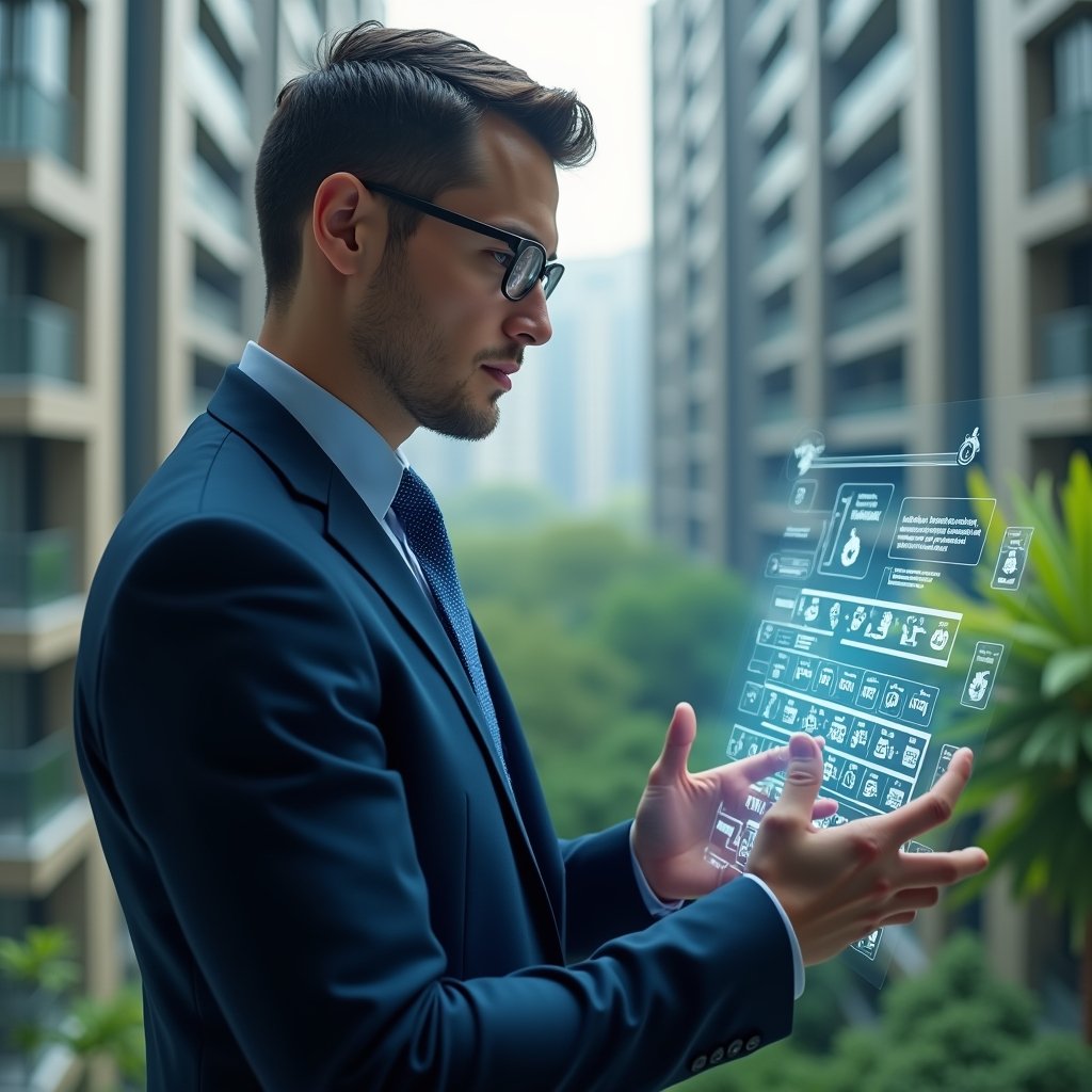(Ultra-realistic condominium manager in a navy blue suit, set in a modern luxury condominium environment with high-rise buildings and lush green landscaping, close-up medium shot of a confident professional analyzing a floating holographic maintenance schedule calendar with wrench and gear icons representing preventive tasks, cinematic lighting, shallow depth of field, highly detailed textures, realistic skin, photographic realism, 8k resolution --ar 1:1 --v 6)
