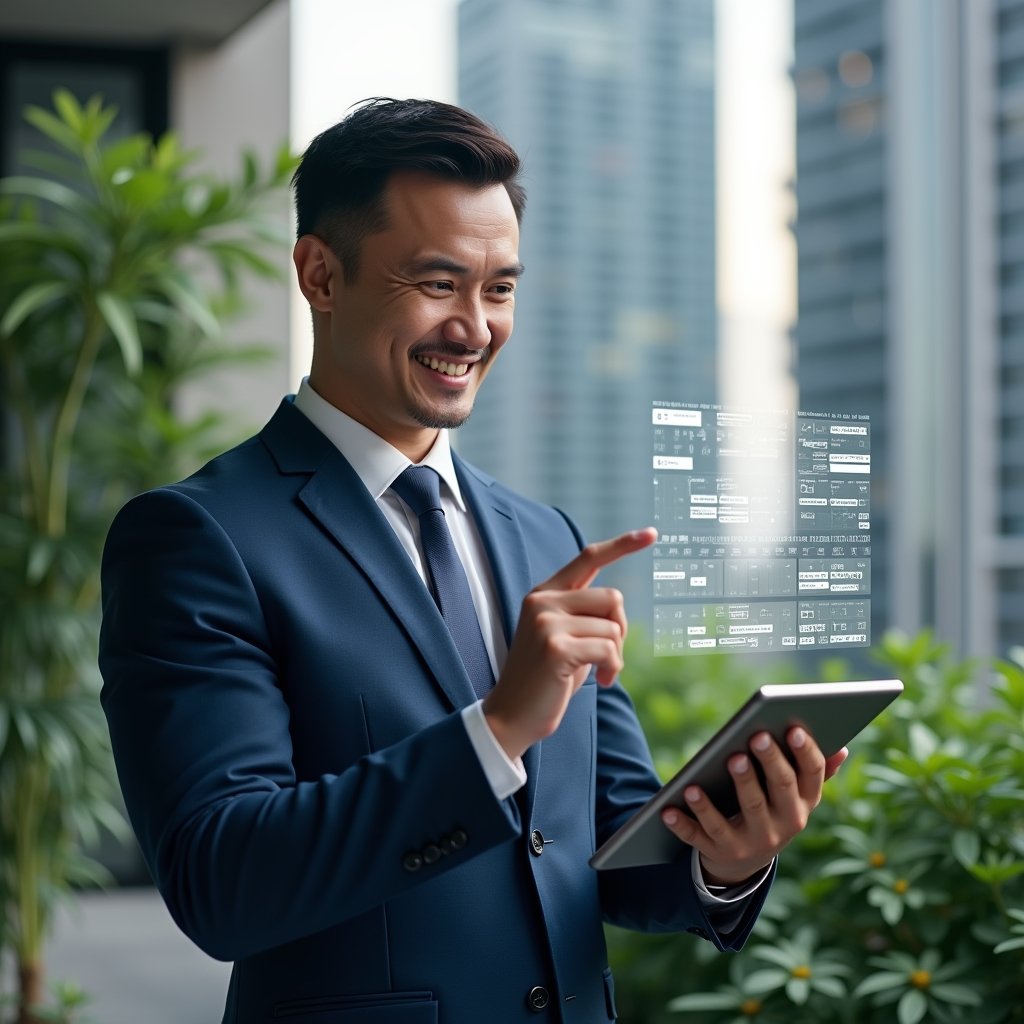 Ultra-realistic condominium manager in a navy blue executive suit, set in a modern luxury condominium environment with high-rise buildings and lush green landscaping, holding a tablet displaying a floating holographic schedule, pointing at calendar icons with a confident, organized expression, cinematic lighting, shallow depth of field, highly detailed textures, realistic skin, photographic realism, 8k resolution --ar 1:1 --v 6