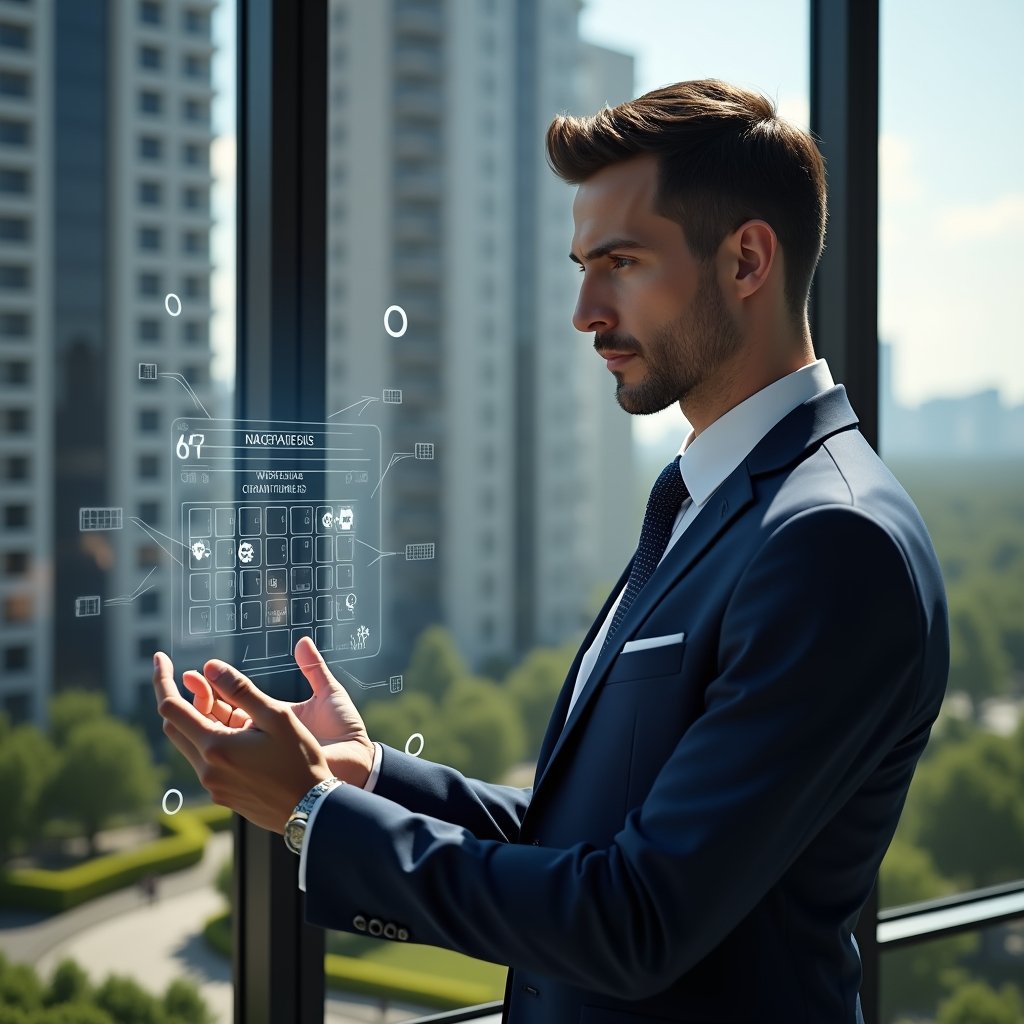 (Ultra-realistic condominium manager in a navy suit, set in a modern luxury condominium environment with high-rise buildings and manicured gardens, examining a holographic calendar schedule with floating icons of maintenance, assembly and accounting, confident expression, cinematic lighting, shallow depth of field, highly detailed textures, realistic skin, photographic realism, 8k resolution --ar 1:1 --v 6)