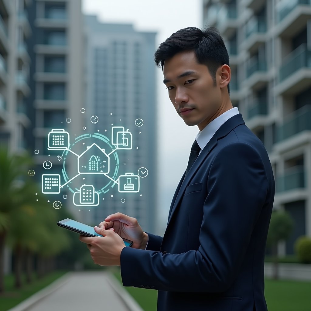 (Ultra-realistic condominium manager in a navy blue suit, set in a modern luxury condominium environment with high-rise buildings and green landscaping, examining a floating holographic maintenance schedule with a digital tablet in hand, confident and focused expression, glowing calendar icons and checklist symbols around them, cinematic lighting, shallow depth of field, highly detailed textures, realistic skin, photographic realism, 8k resolution --ar 1:1 --v 6)