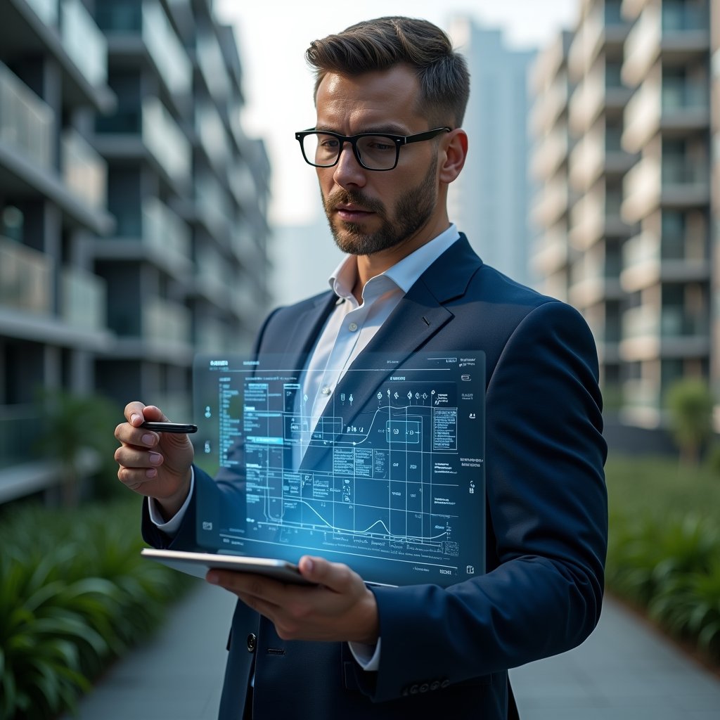 (Ultra-realistic condominium manager in a navy blue suit, set in a modern luxury condominium environment with high-rise buildings and green landscaping, holding a tablet with a holographic digital schedule grid displaying tasks, calendar icons, checkmarks and timeline overlays, confidently analyzing the cronogram, cinematic lighting, shallow depth of field, highly detailed textures, realistic skin, photographic realism, 8k resolution --ar 1:1 --v 6)