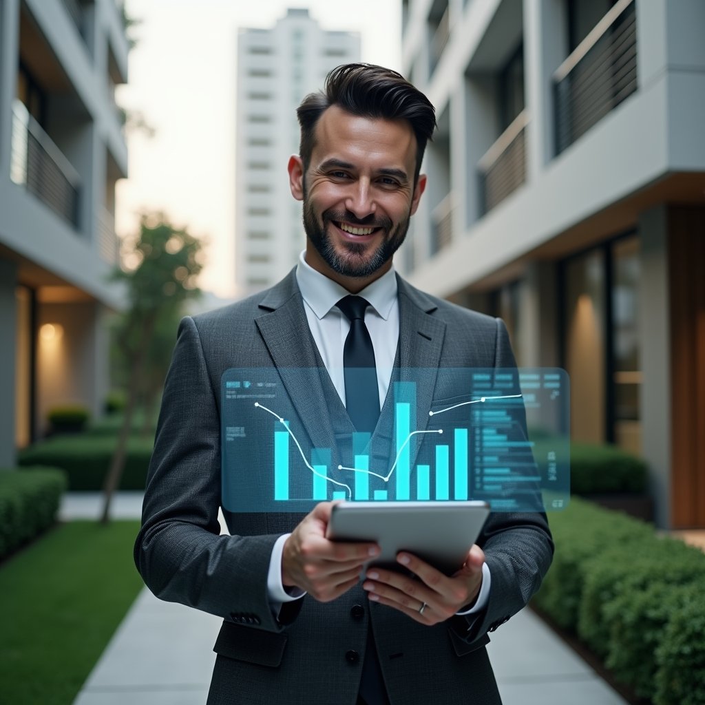 (Ultra-realistic condominium manager in a charcoal gray tailored suit, set in a modern luxury condominium environment with high-rise buildings and manicured green landscaping, holding and analyzing a holographic financial report projected above a tablet, floating transparent charts and graphs symbolizing automated accounting, confident expression with a slight smile, cinematic lighting, shallow depth of field, highly detailed textures, realistic skin, photographic realism, 8k resolution --ar 1:1 --v 6)