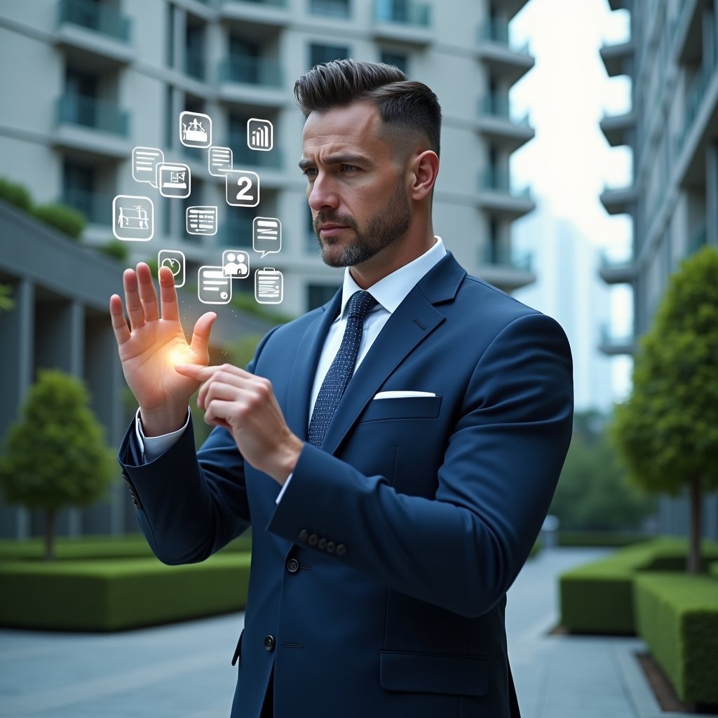 (Ultra-realistic condo manager in a navy blue suit, set in a modern luxury condominium environment with high-rise buildings and manicured green landscaping, analyzing floating holographic icons representing financial reports, reservation calendar, visitor access logs, chat bubbles, incident tickets, online voting, and performance charts, confident and focused expression, cinematic lighting, shallow depth of field, highly detailed textures, realistic skin, photographic realism, 8k resolution --ar 1:1 --v 6)