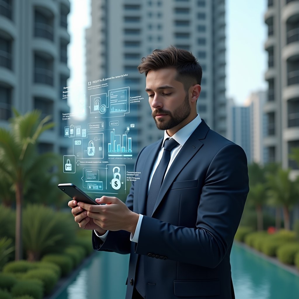 (Ultra-realistic condominium manager in a tailored dark blue executive suit, set in a modern luxury condominium environment with high-rise buildings and lush green landscaping, examining floating holographic widgets displaying financial charts, security locks and chat icons symbolizing innovative app features, confident and focused expression, cinematic lighting, shallow depth of field, highly detailed textures, realistic skin, photographic realism, 8k resolution --ar 1:1 --v 6)