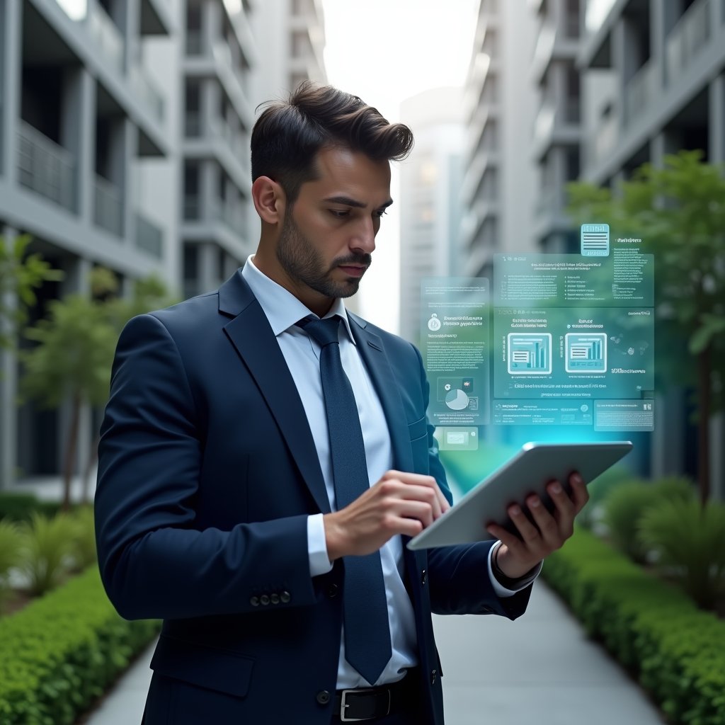 (Ultra-realistic condominium manager in a navy suit, set in a modern luxury condominium environment with high-rise buildings and manicured green landscaping, examining a digital tablet with floating holographic expense charts and warning icons, serious and focused expression, cinematic lighting, shallow depth of field, highly detailed textures, realistic skin, photographic realism, 8k resolution --ar 1:1 --v 6)