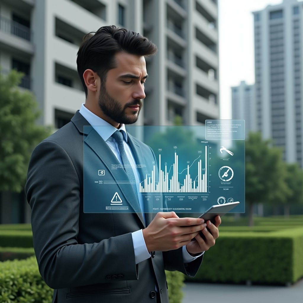 Ultra-realistic condominium manager in a charcoal gray suit, set in a modern luxury condominium environment with high-rise buildings and lush green landscaping, holding a digital tablet and examining a floating holographic budget chart highlighting emergency repair costs, thoughtful expression, subtle icons of tools and warning symbols around the hologram, cinematic lighting, shallow depth of field, highly detailed textures, realistic skin, photographic realism, 8k resolution --ar 1:1 --v 6