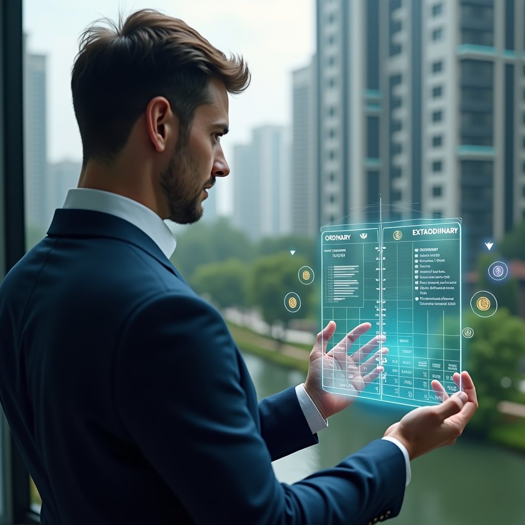 (Ultra-realistic condominium manager in a dark blue suit, set in a modern luxury condominium environment with high-rise buildings and lush green landscaping, medium shot close-up, confidently analyzing and interacting with a floating holographic chart dividing ordinary and extraordinary expenses, with holographic icons of coins and document folders swirling around the display, thoughtful and assured expression, cinematic lighting, shallow depth of field, highly detailed textures, realistic skin, photographic realism, 8k resolution --ar 1:1 --v 6)