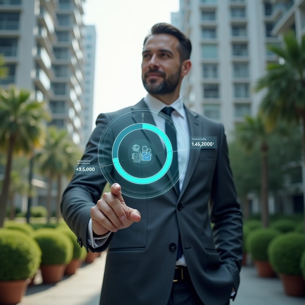 Ultra-realistic condominium manager in a dark gray executive suit, set in a modern luxury condominium environment with high-rise buildings and meticulously landscaped greenery, standing in a medium shot and confidently analyzing a floating holographic pie chart split between ordinary and extraordinary expenses, with translucent financial icons (ledger, piggy bank, shield) surrounding the chart, cinematic lighting, shallow depth of field, highly detailed textures, realistic skin, photographic realism, 8k resolution --ar 1:1 --v 6