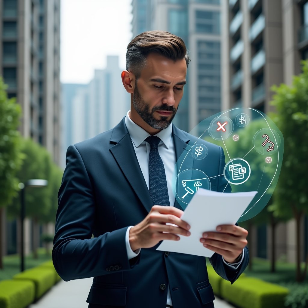 (Ultra-realistic condominium manager in a tailored navy suit, set in a modern luxury condominium environment with high-rise buildings and manicured green landscaping, holding a holographic checklist displaying red error icons and green check marks while thoughtfully reviewing management tasks, floating holographic icons of financial charts and maintenance tools surrounding the figure, confident and focused expression, cinematic lighting, shallow depth of field, highly detailed textures, realistic skin, photographic realism, 8k resolution --ar 1:1 --v 6)