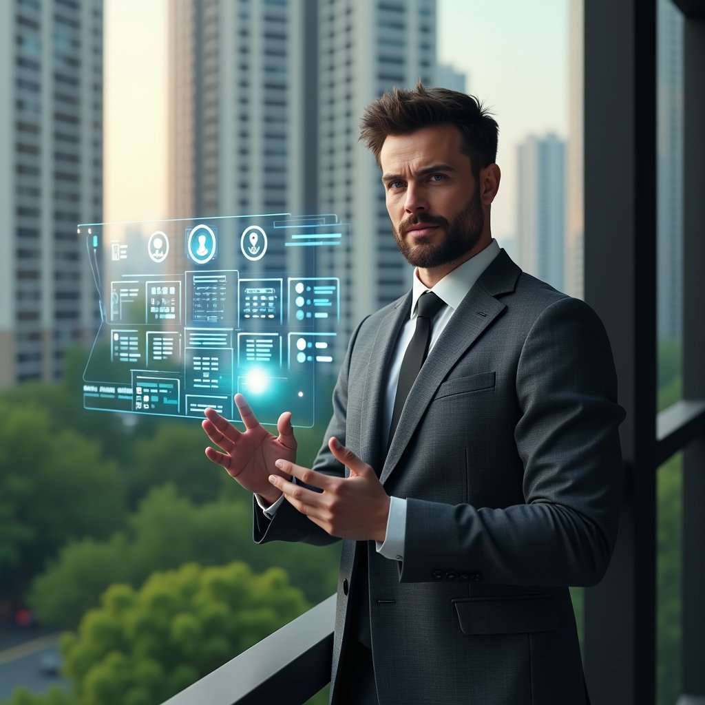(Ultra-realistic condominium manager in a charcoal suit, set in a modern luxury condominium environment with high-rise buildings and lush green landscaping, interacting with a floating holographic interface displaying reservation calendars, security logs, financial charts and maintenance icons, confident and focused expression, cinematic lighting, shallow depth of field, highly detailed textures, realistic skin, photographic realism, 8k resolution --ar 1:1 --v 6)