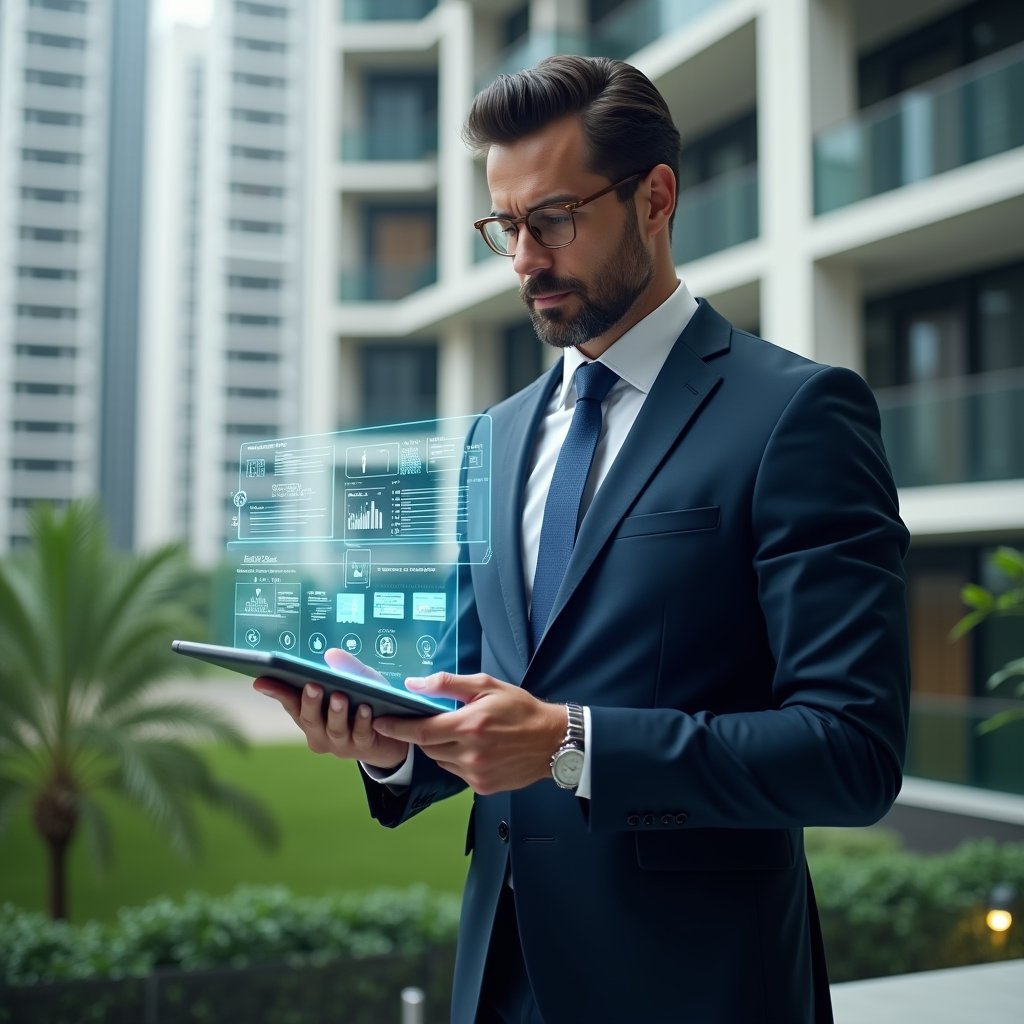 Ultra-realistic condominium manager in a tailored navy suit, set in a modern luxury condominium environment with high-rise buildings and green landscaping, holding a transparent tablet hologram displaying financial dashboards and chat icons, confidently analyzing digital widgets that represent reservation schedules and security logs, cinematic lighting, shallow depth of field, highly detailed textures, realistic skin, photographic realism, 8k resolution --ar 1:1 --v 6