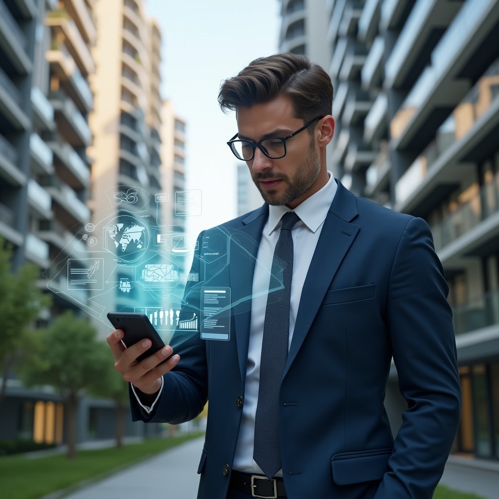 (Ultra-realistic condominium manager in a navy blue tailored suit, set in a modern luxury condominium environment with high-rise buildings and manicured green landscaping, confidently reviewing a floating holographic interface of a management app with icons and charts, cinematic lighting, shallow depth of field, highly detailed textures, realistic skin, photographic realism, 8k resolution --ar 1:1 --v 6)